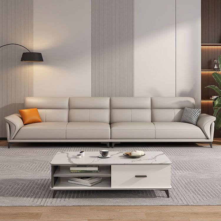 Modern Dove Grey Scratch-Resistant Solid Color Cow Leather Upholstered 4-Seater Sofa with 2 Pillows - Perfect for Living Room, Lounge, and Office Spaces