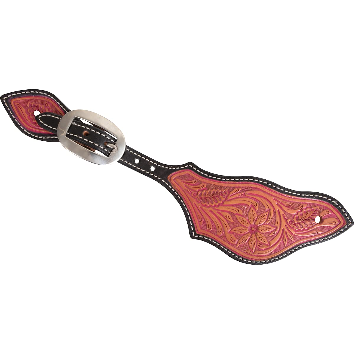 Martin Saddlery Rancher Spur Straps with Paint Wash & Desert Flower Tooling - Western Cowboy Pink Leather Spurs for Horse Riding, Rodeo & Equestrian Events