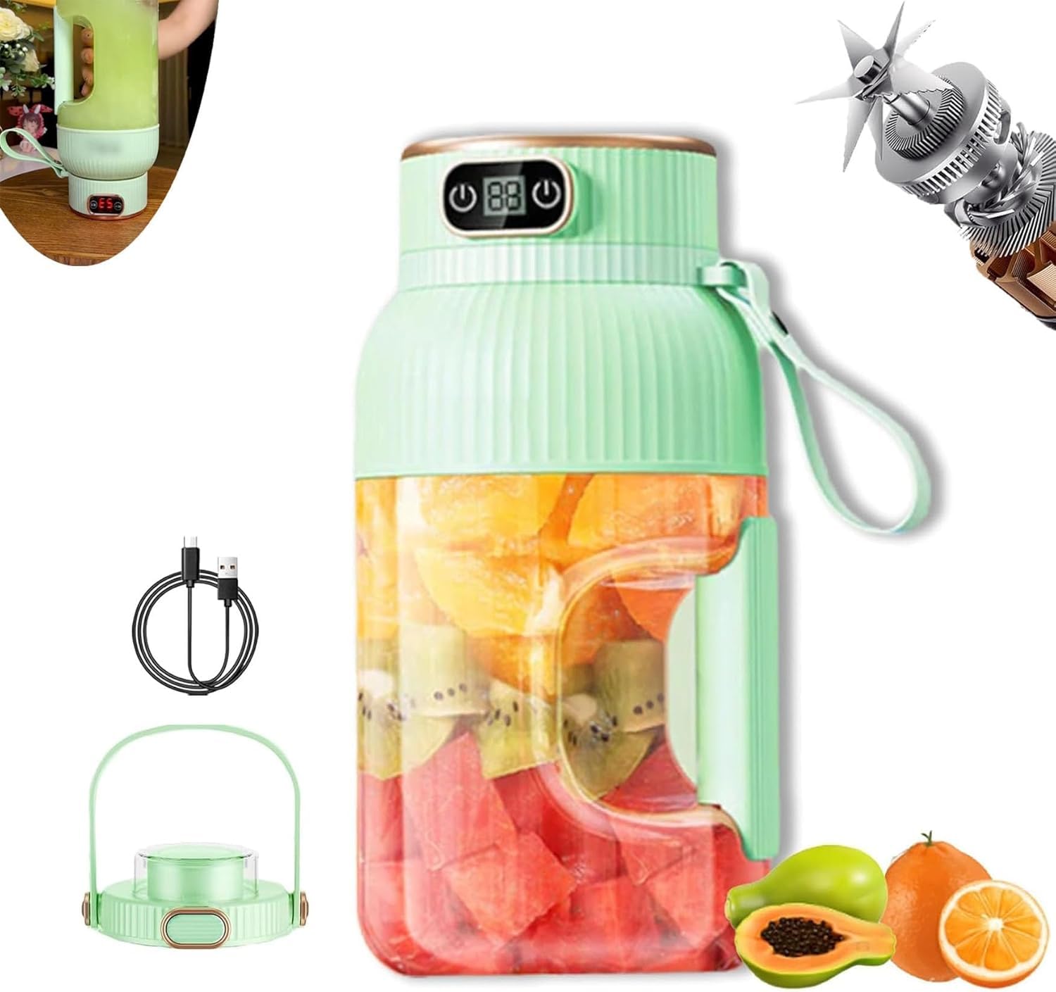 Portable Electric Juicer Cup with Digital Display - Wireless Rechargeable Blender for Fruits, Shakes & Smoothies | Perfect for Travel, Gym & Healthy Home Use (Green)