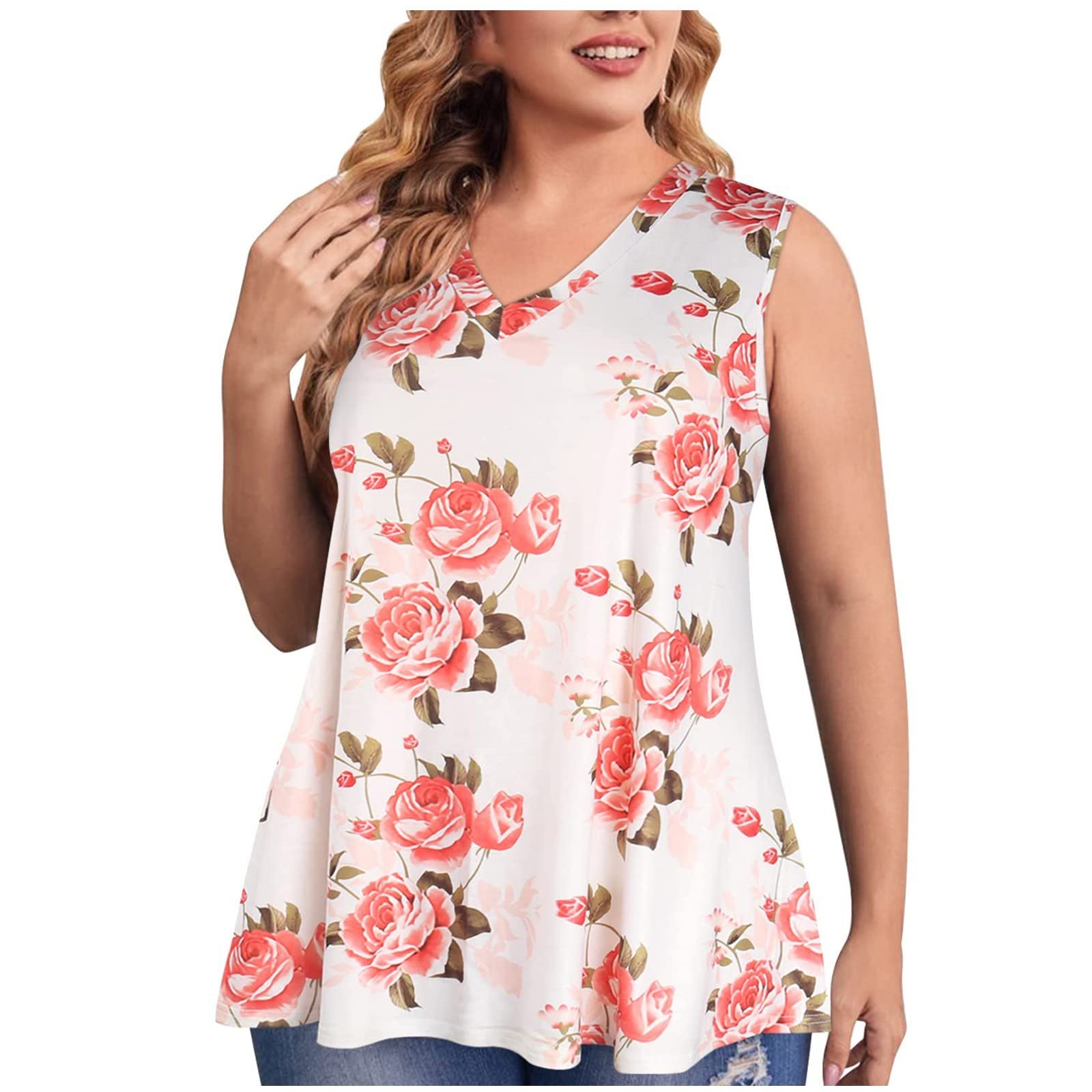 Plus Size Floral Tank Tops for Women - V Neck Summer Blouse for Vacation & Beach