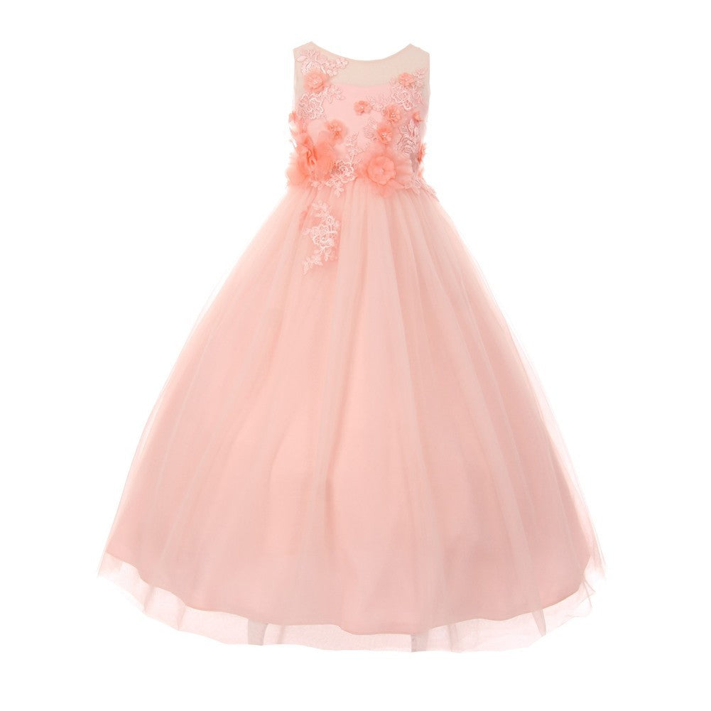 3D Flower Adorned Tulle Illusion Junior Bridesmaid Dress for Big Girls - Sizes 8-16 | Perfect for Weddings, Prom, and Special Occasions