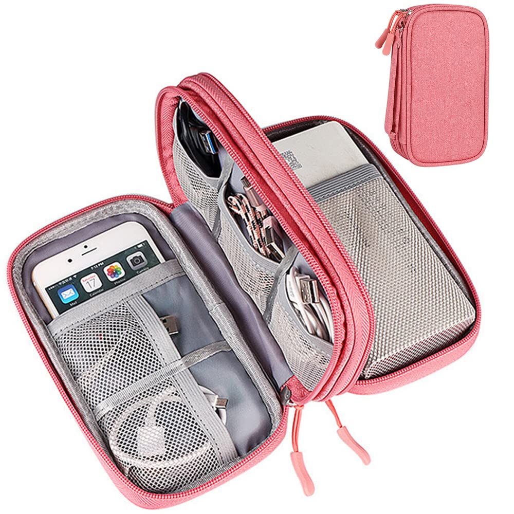 Electronic Organizer Travel Cord Organizer - Double Layer Small Dark Pink Cable Case for Charger, Hard Drive, Earphone & Travel Accessories | Perfect for Business Trips, Vacations & Daily Commute