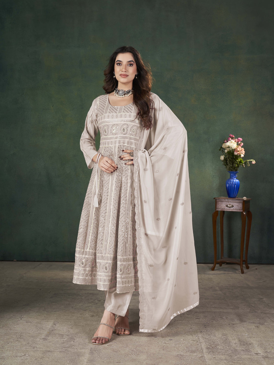 Trendy Beige Designer Semi-Stitched Pant Suit with Elegant Embroidery - Perfect for Weddings, Parties & Formal Events