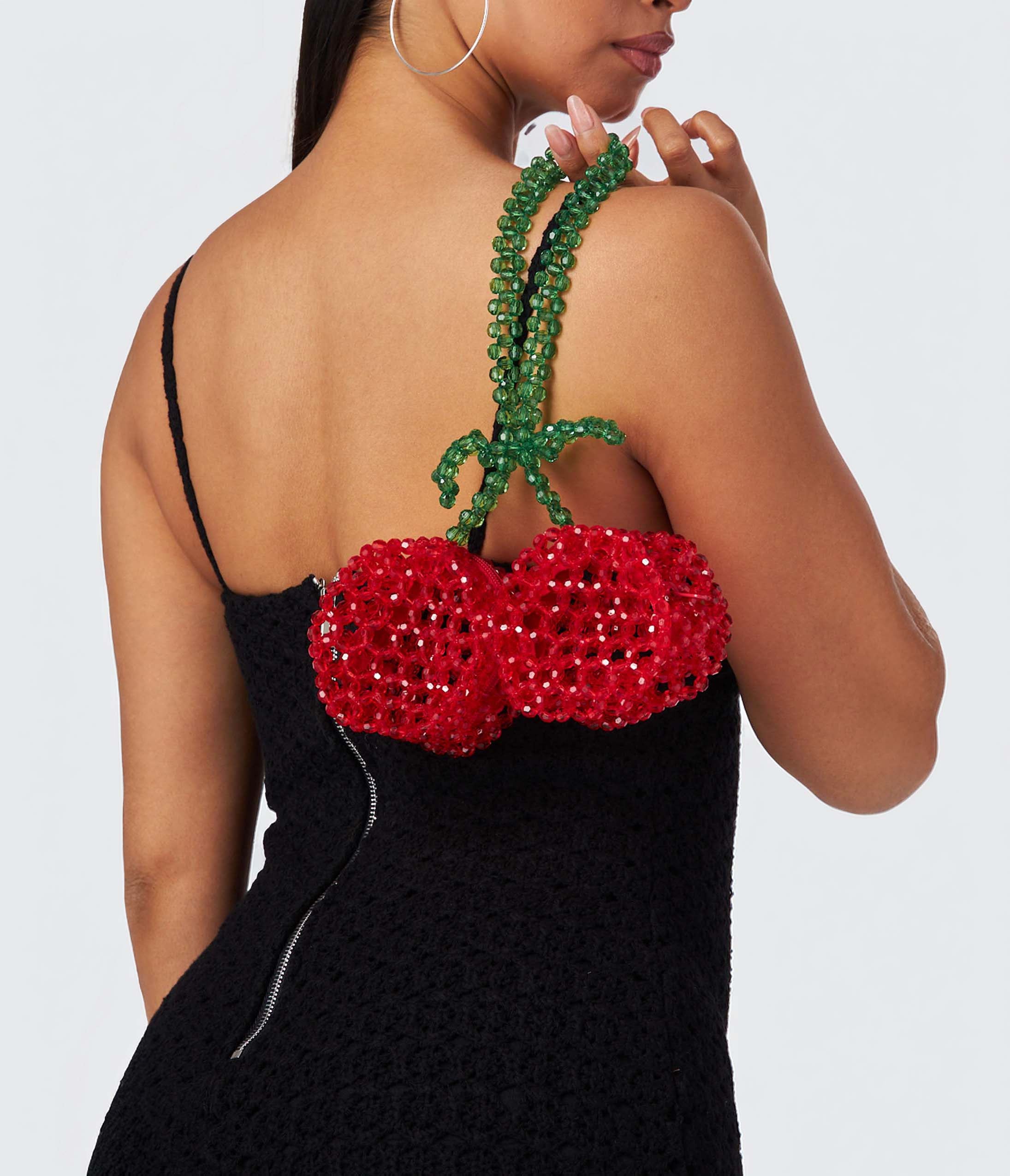 Red Cherries Beaded Mini Handbag - Elegant Clutch Purse for Women | Perfect for Parties, Weddings & Evening Events