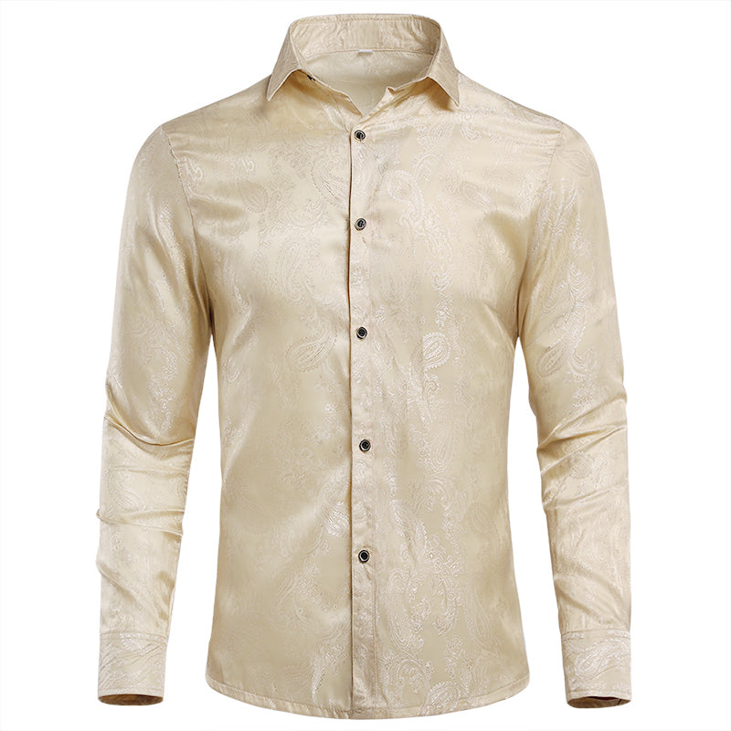 Slim Fit Embroidered Beige Paisley Shirt for Men - Casual Button Down Long Sleeve Dress Shirt for Office, Date Night & Special Occasions