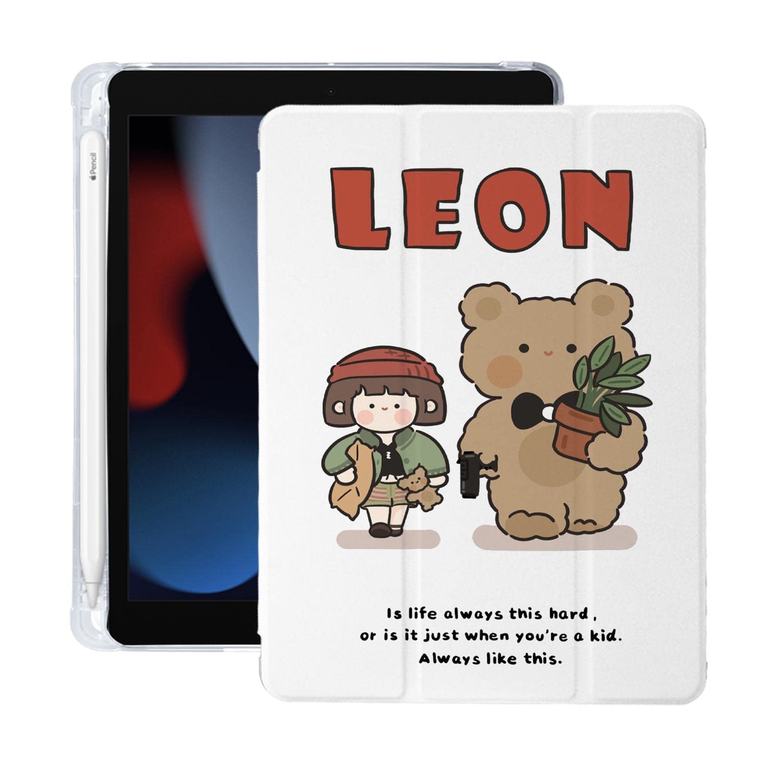 Cartoon Bear & Loli Design iPad Air 3 Case with Pencil Holder - Auto Sleep/Wake Function - White Leather with Clear Soft TPU Back Cover for iPad Pro 10.5 Inch (2017 Model) - Perfect for School, Work & Travel Protection