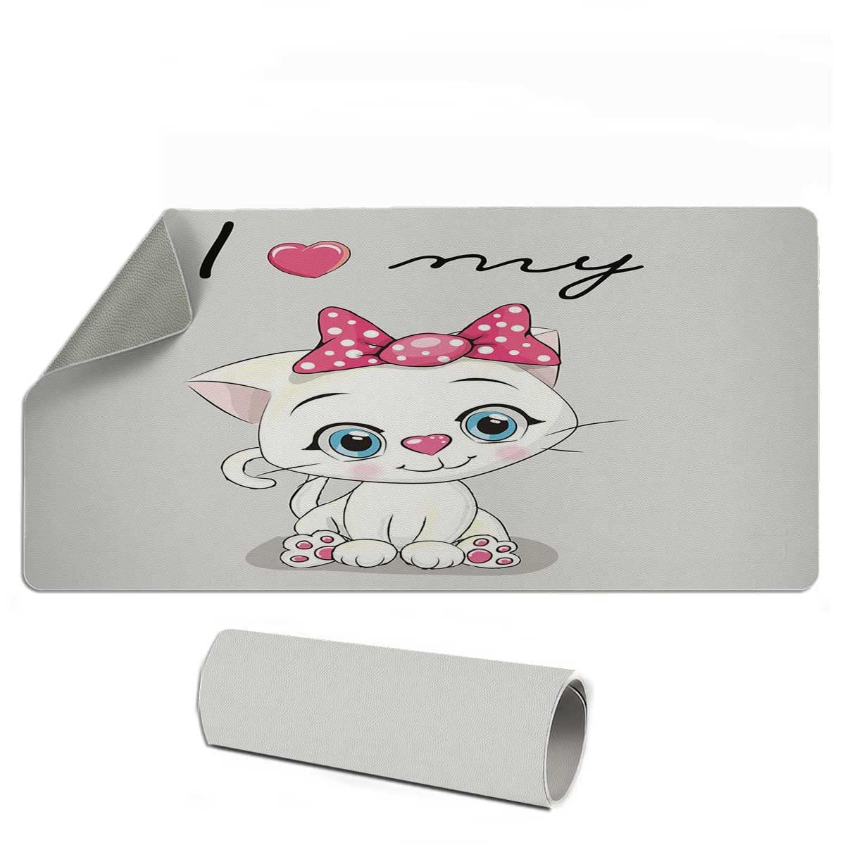 XXL Extended Gaming Mouse Pad - 24 x 14 Inches Large Leather Desk Mat with Non-Slip Base, Waterproof Keyboard Cover | Cartoon Cat Design for PC Gamers & Office Workstations