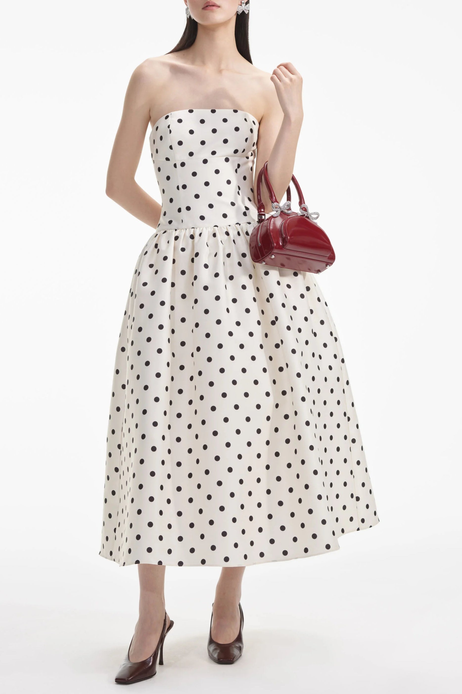 Polka Dot Taffeta Midi Dress for Women - Elegant Cream Floral Print Party Dress for Wedding, Cocktail & Special Occasions