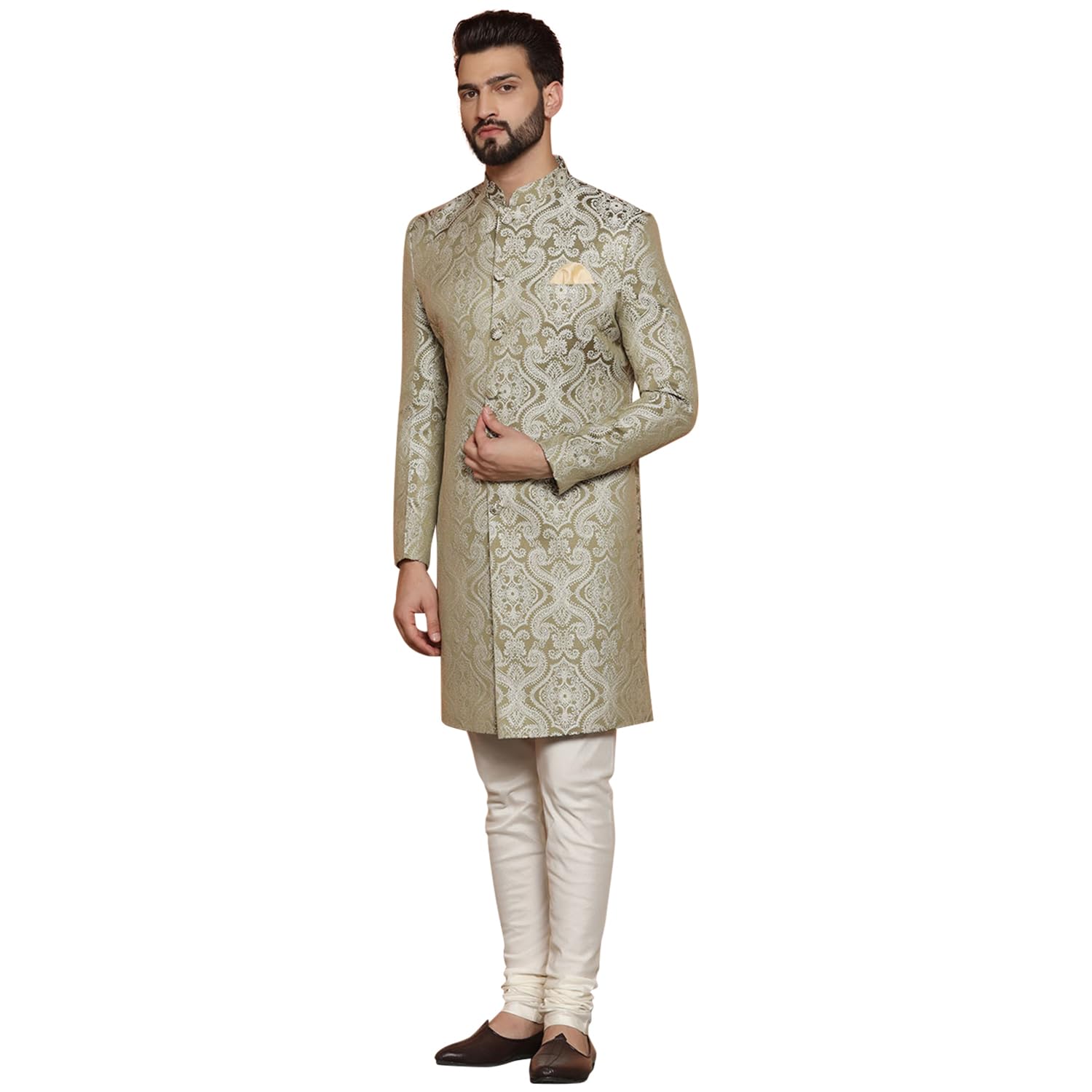 Men's Indo-Western Outfit Set - Olive Green Silk Blend Ethnic Wear with Full Sleeves & Knee Length Regular Fit | Perfect for Weddings, Festivals & Cultural Events