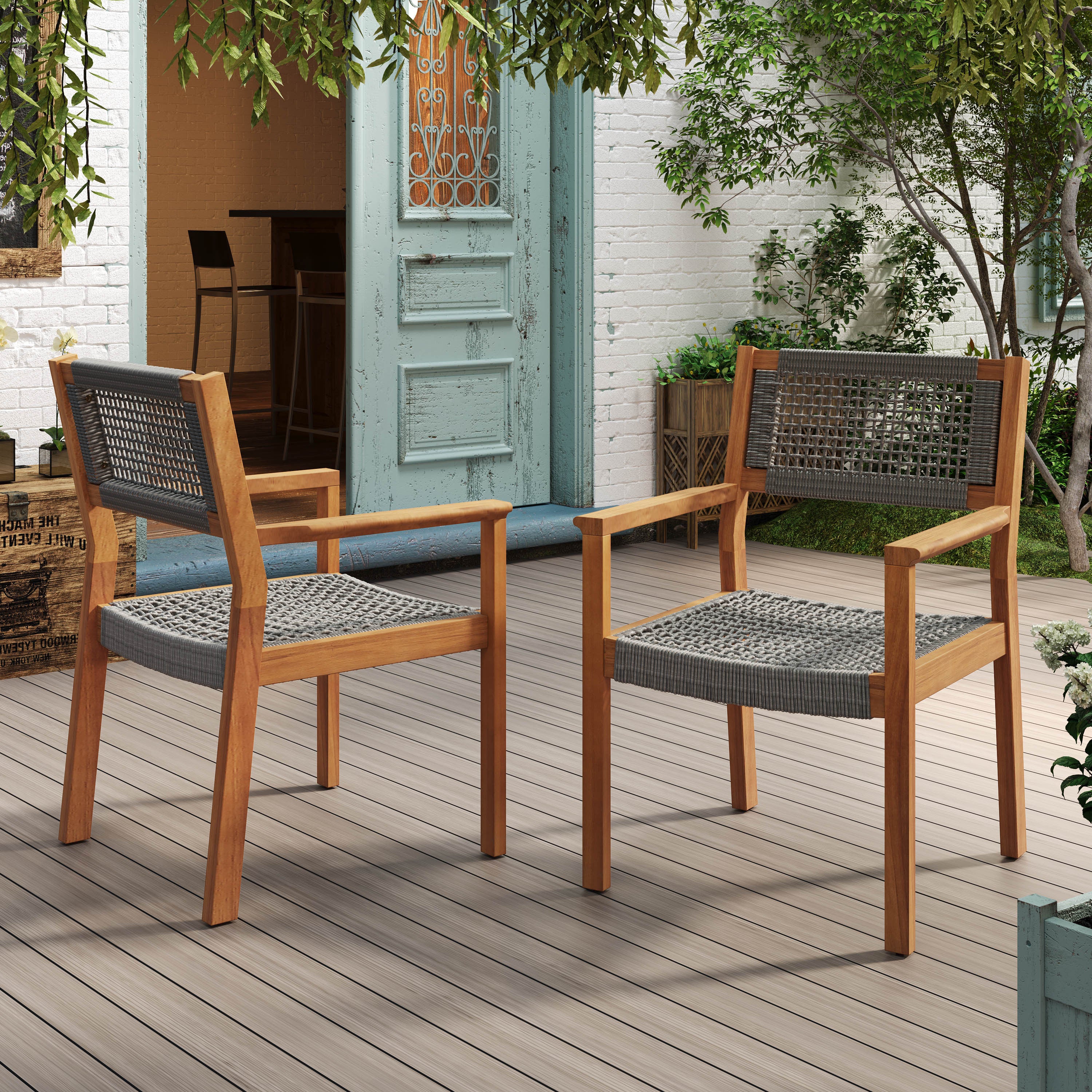 Braided Dining Chair - Dark Grey Woven Rattan Seat, Modern Boho Style for Kitchen, Dining Room, Patio & Outdoor Use