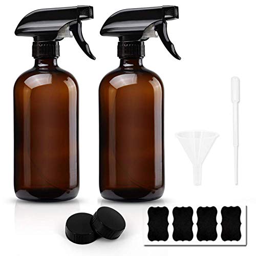 16oz Empty Glass Spray Bottles - Refillable Boston Round Bottles for Essential Oils, Aromatherapy, Cleaning Products & Liquid Soaps (Brown/Black) | Includes Funnel & Labels | Perfect for DIY, Home Cleaning & Beauty Products