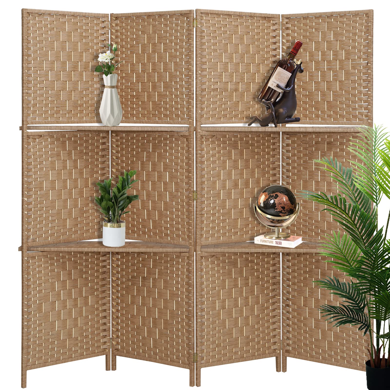 ECOMEX 4 Panel Folding Room Divider with Removable Storage Shelves - 5.6 Ft Tall Privacy Screen for Home & Office - Light Brown Partition Wall for Bedroom, Living Room, Studio & Workspace