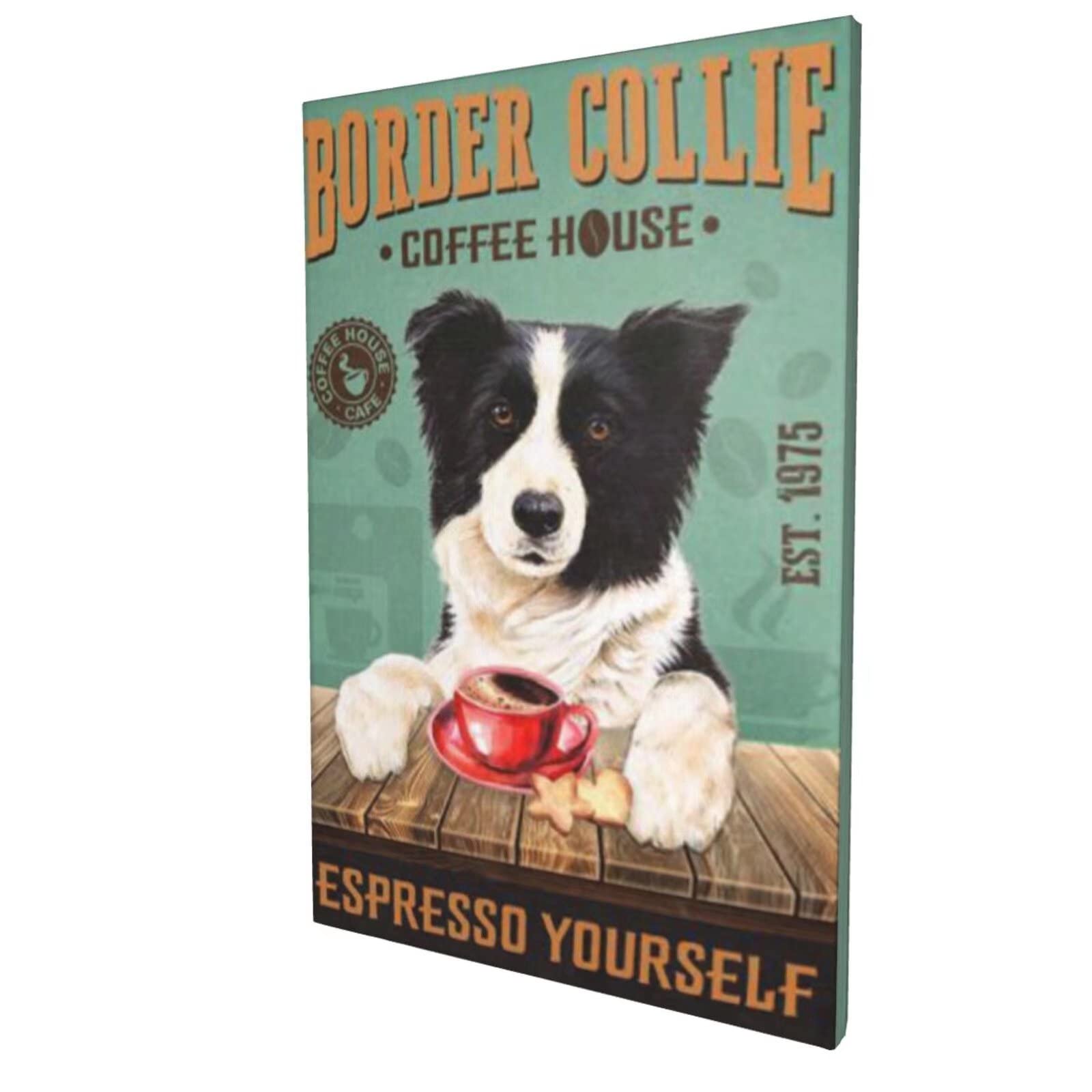 Funny Border Collie & Coffee Canvas Wall Art Print - 16x24 Inch (40x60cm) Home Office Decor, Coffee Bar & Man Cave Poster - Perfect for Living Room, Bedroom or Gift Idea