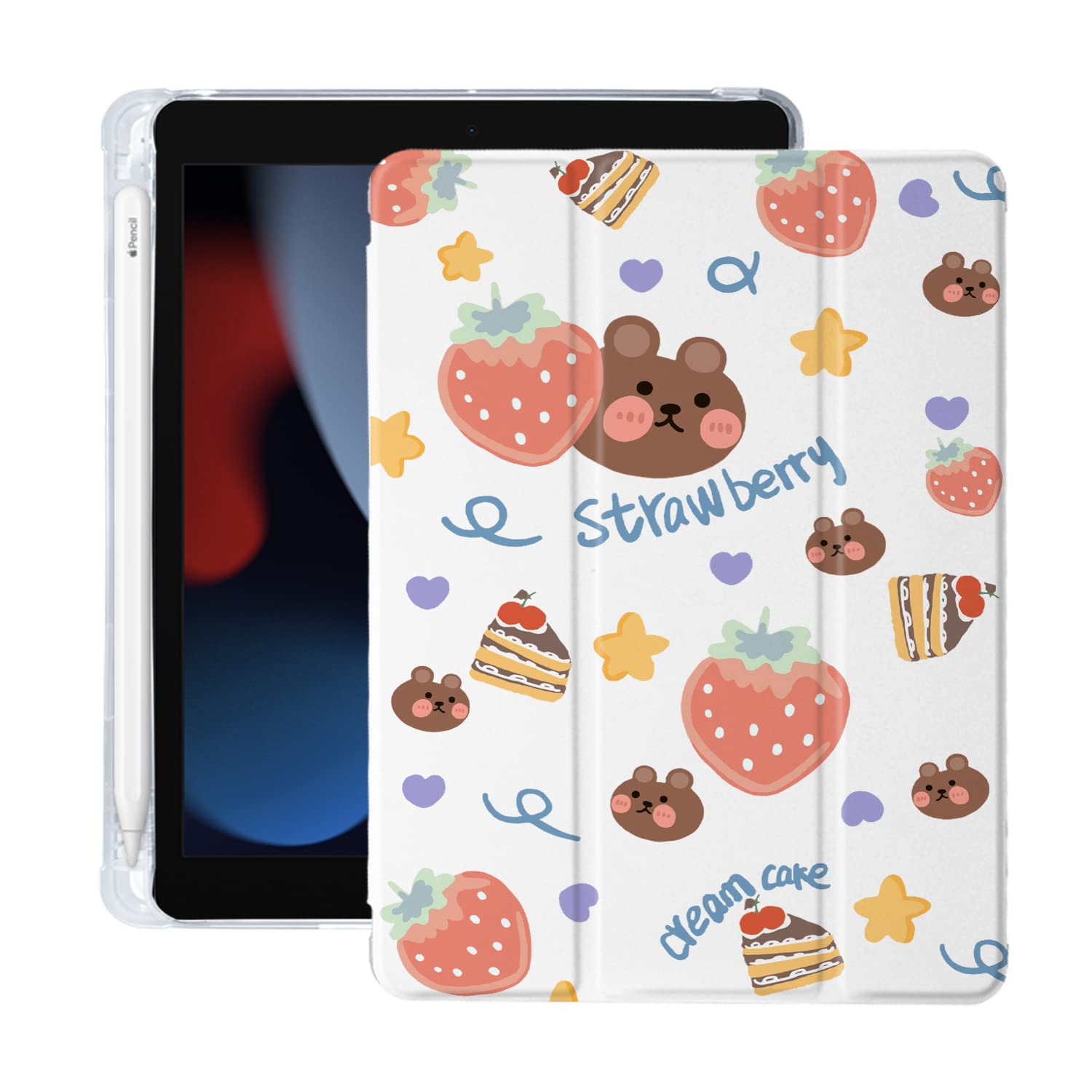 Strawberry Bear iPad Air 3 Case with Pencil Holder - Leather & Clear TPU Back Cover for iPad Pro 10.5 Inch (2017) | Auto Sleep/Wake | Cute Protective Case for Women Girls | Perfect for School, Work & Travel
