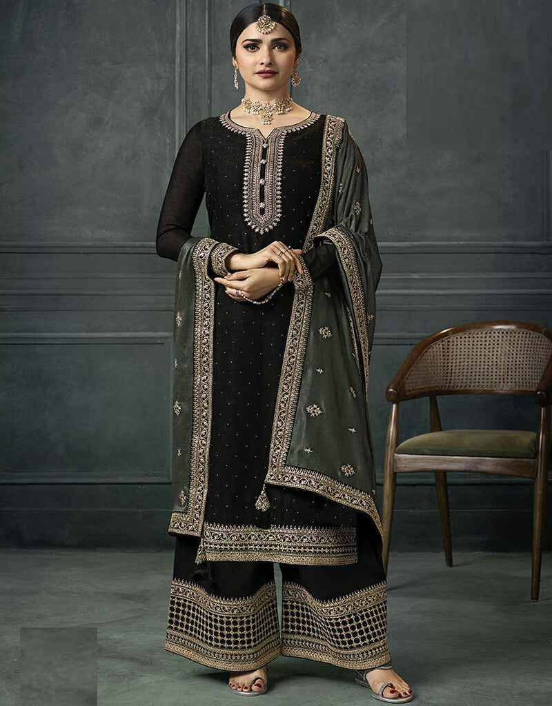 Black Silk Georgette Palazzo Suit for Women - Elegant Flowy Wide Leg Pants & Top Set - Perfect for Weddings, Parties & Special Occasions