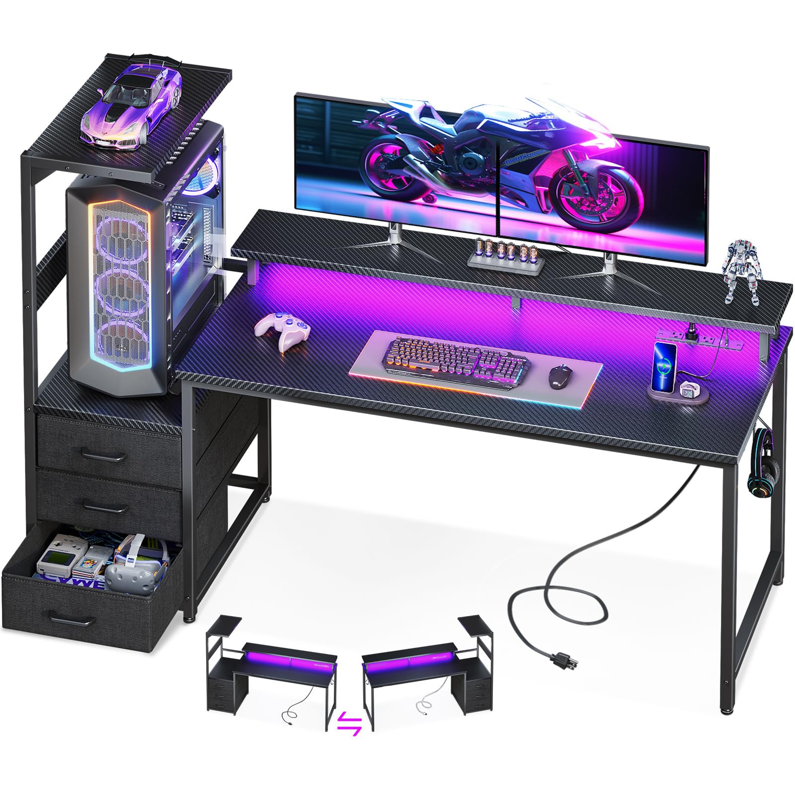 AODK 59 Inch Gaming Desk with USB Charging Ports & LED Lights - Reversible Computer Desk with Storage Shelves & Monitor Stand, Modern Gamer Table with Fabric Drawers & Side Hook, Carbon Fiber Black - Perfect for PC Gaming Setup & Home Office Workspace