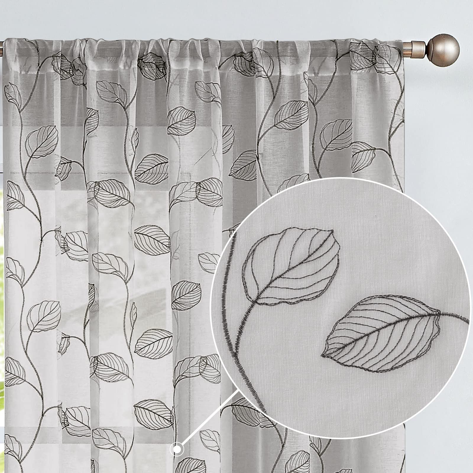 COLLACT Sheer Voile Curtains - 63 Inch Length 2 Panel Set with Leaf Embroidery, Gray Farmhouse Window Treatments for Living Room & Bedroom - Rod Pocket Rustic Sheer Curtains for Natural Light Filtering & Privacy