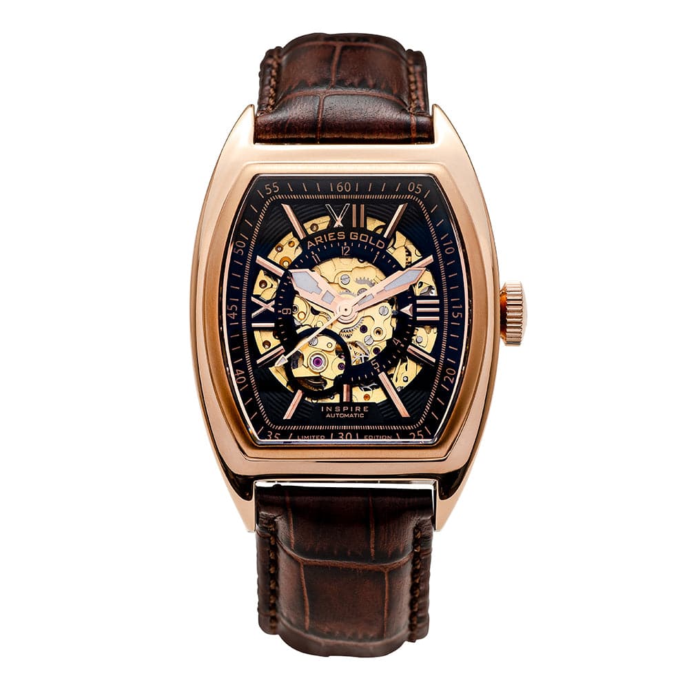 ARIES GOLD Automatic Infinum Cruiser Men's Watch - Stainless Steel Case, Brown Leather Strap, Gold-Tone (Model G 901A RG BKRG) | Luxury Dress Watch for Business, Formal Events & Everyday Wear