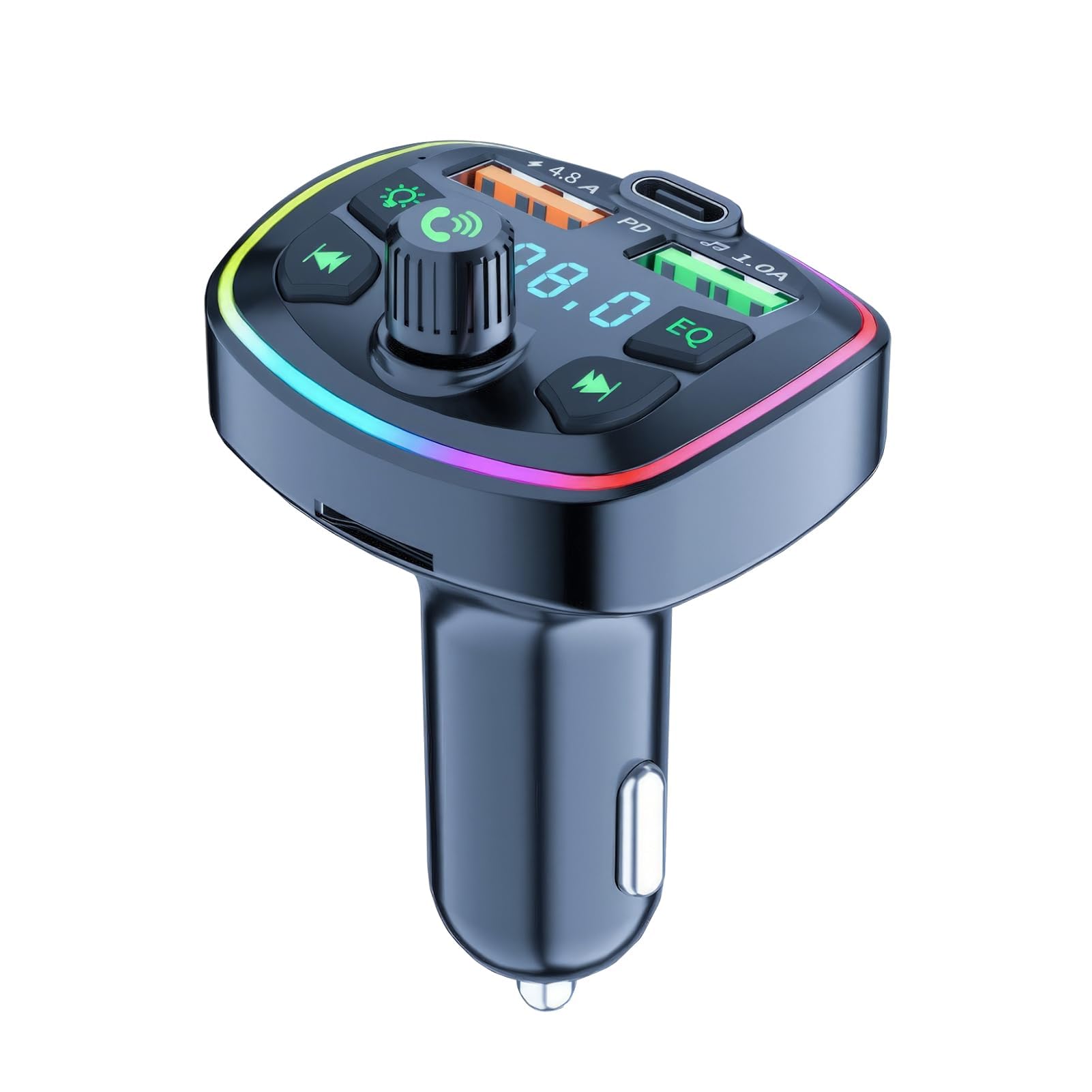 Bluetooth 5.3 FM Transmitter for Car with Dual USB-C Fast Charger | Wireless Radio Adapter | Hi-Fi Bass Sound & Hands-Free Calling | USB Drive Support & Ambient Lighting | Perfect for Road Trips & Commuting