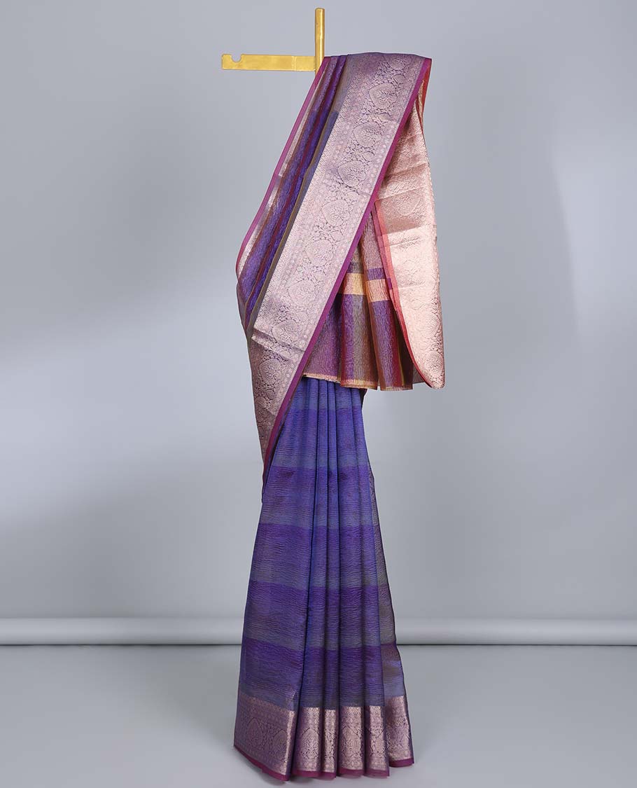 Blue Crushed Semi Banaras Tissue Saree with Traditional Zari Design Border & Pallu - Elegant Indian Ethnic Wear for Weddings, Festivals & Special Occasions
