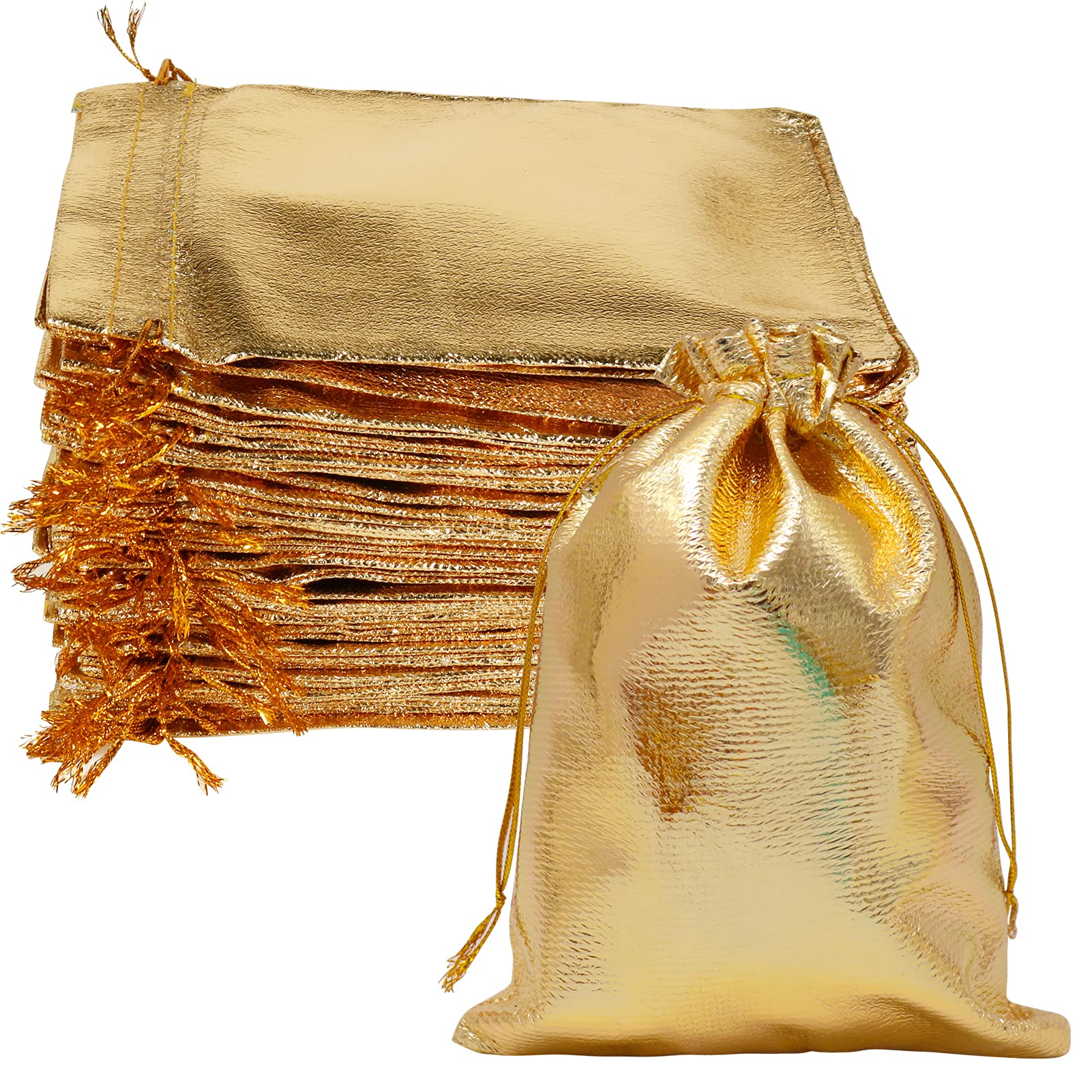 Premium Gold Gift Bags & Jewelry Pouches - 100Pcs 5x7 Inch Drawstring Bags for Christmas, Valentine's Day, Birthday, Wedding Party Favors - Perfect for Jewelry, Candy, Gift Wrapping & Special Occasions