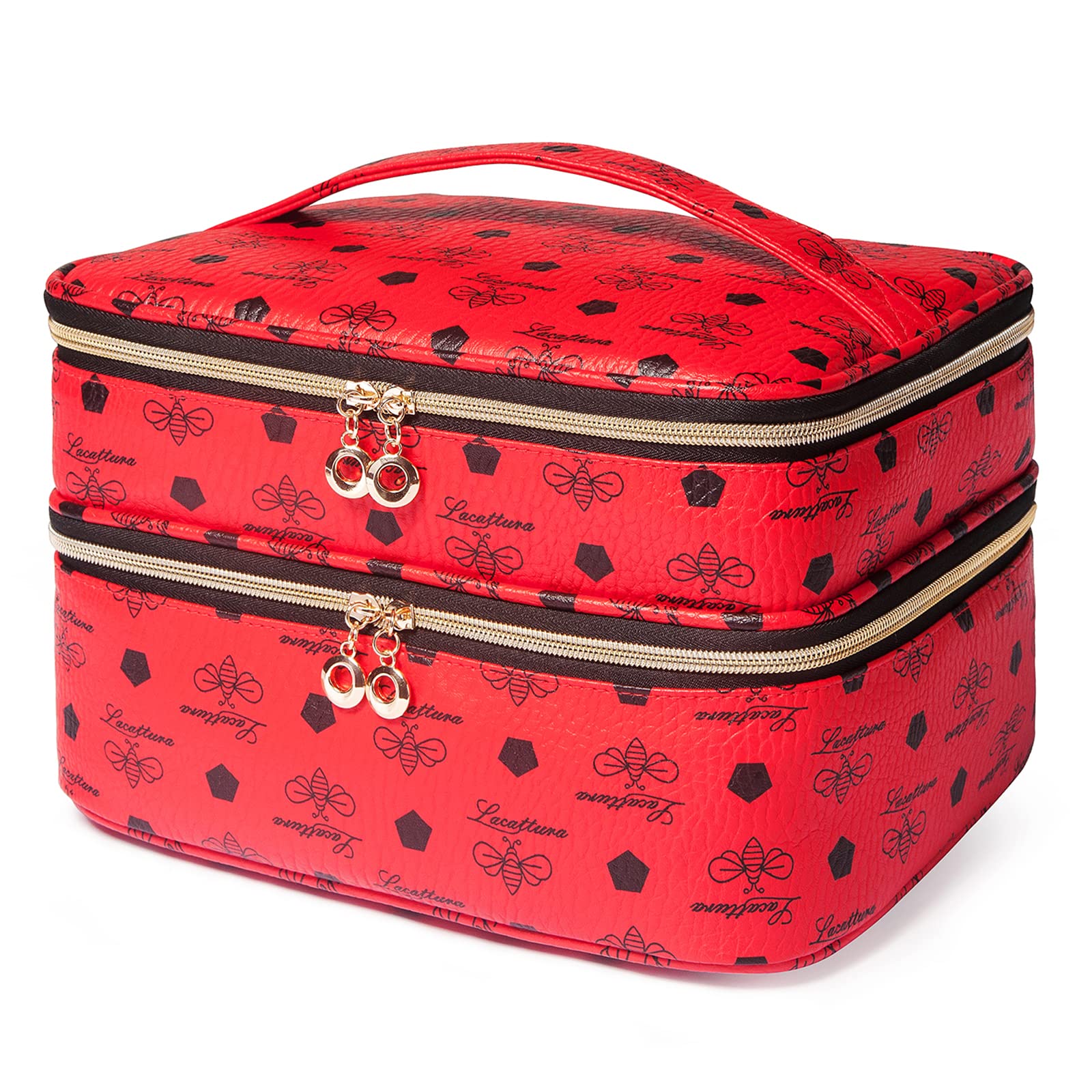 Double Layer Leather Makeup Bag for Women - Large Travel Toiletry Organizer with Adjustable Divider & Brush Holder - Portable Cosmetic Case for Beauty Storage (Red) | Perfect for Travel, Gym, and Daily Makeup Organization