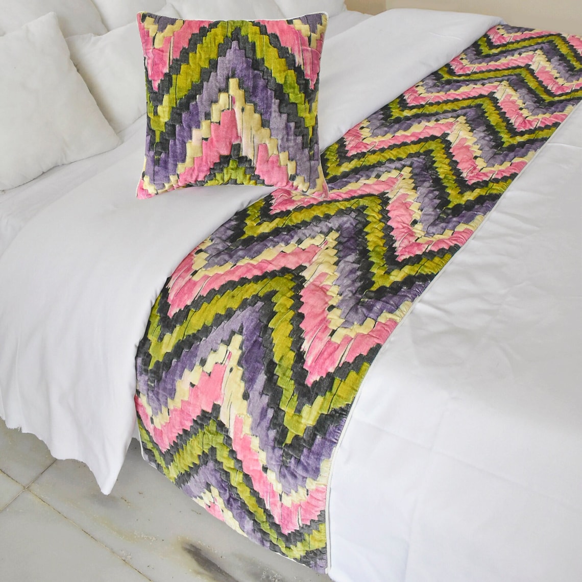 Artful Chevron Velvet Pink & Purple Decorative Bed Runner and Pillow Cover Set - Elegant Home Decor for Bedroom, Sofa, and Living Room