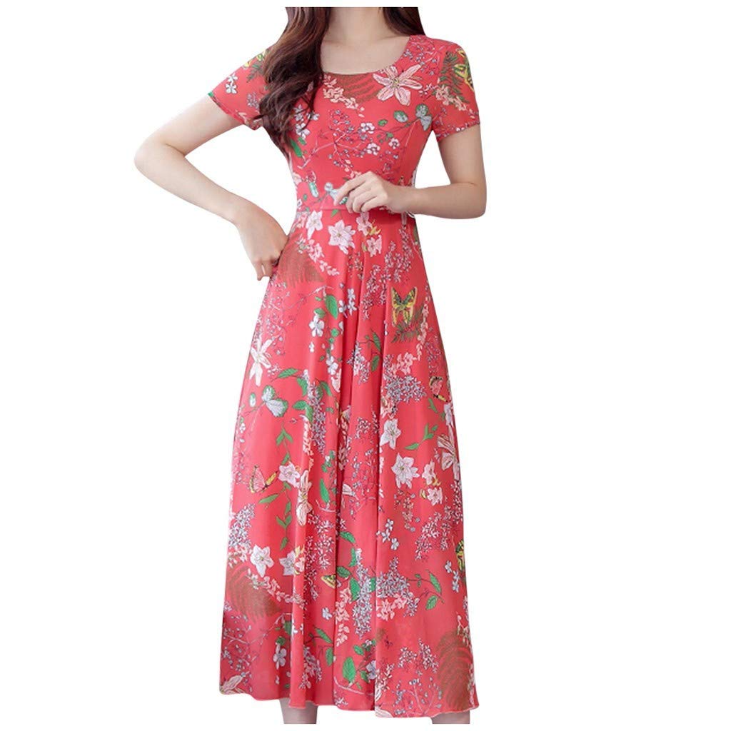 Women's Short Sleeve Midi Dress - Floral Print Summer Beach Dress, Casual Boho Sundress for Vacations, Pool Parties & Outdoor Events