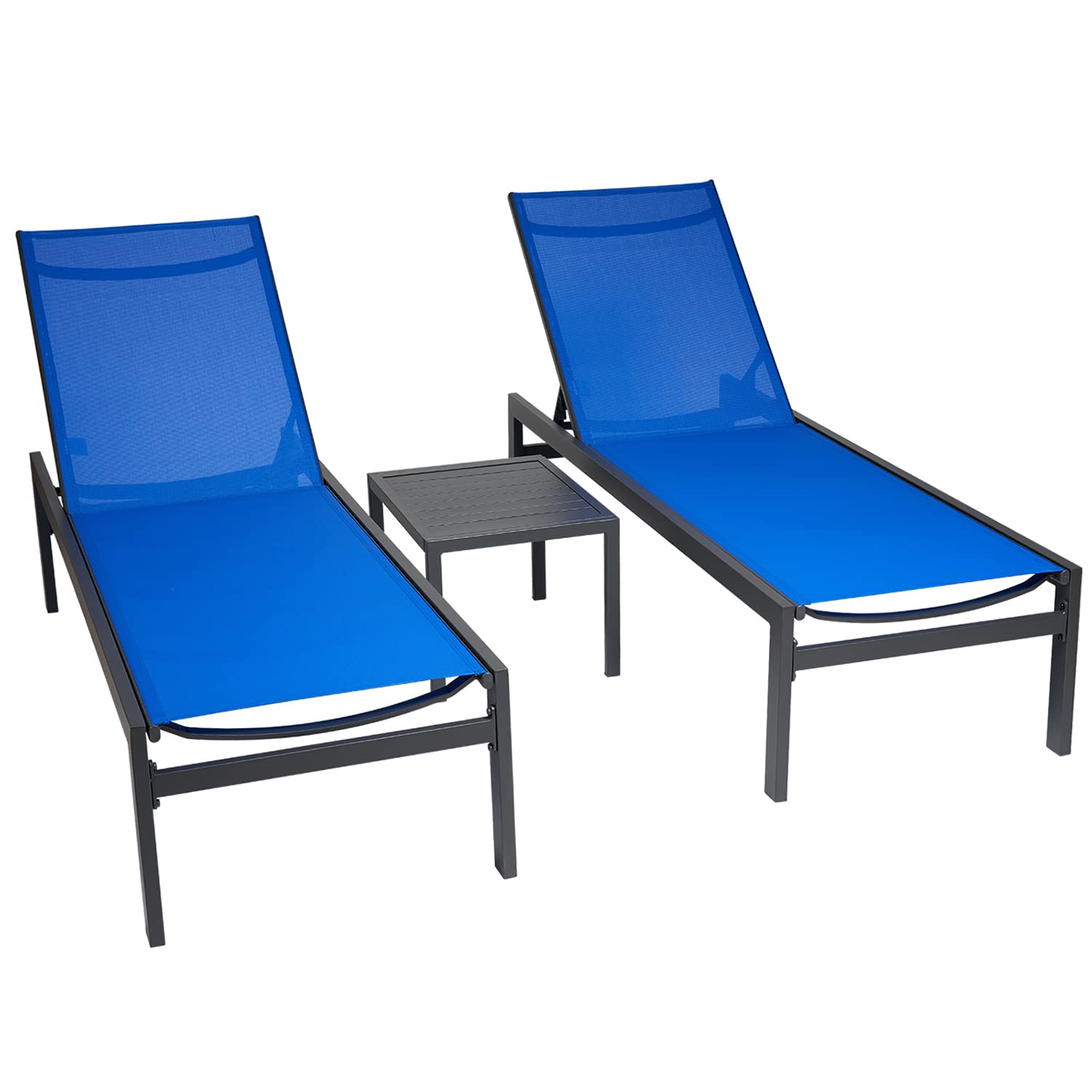 LYMJARD 3-Piece Aluminum Patio Chaise Lounge Set with Adjustable 5-Position Recliner & Side Table - All-Weather Outdoor Furniture for Pool, Beach, Backyard, Garden (Blue Textilene Fabric) - Perfect for Sunbathing, Relaxing by the Poolside or Backyard Lounging