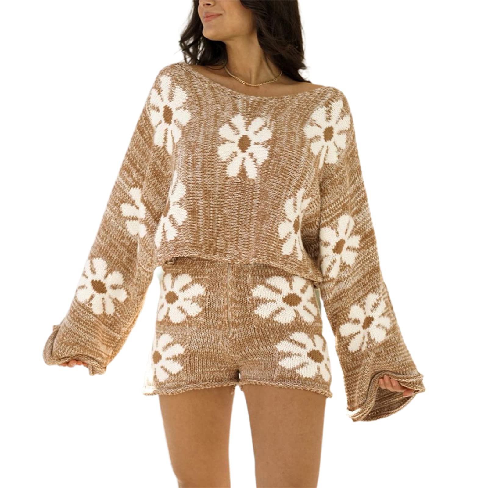 HEZIOWYUN Women's 2-Piece Sweater Set - Off Shoulder Floral Knit Pullover Top & Zipper Knitted Shorts Suit for Spring, Summer Casual Outfits, Date Night, Vacation Wear
