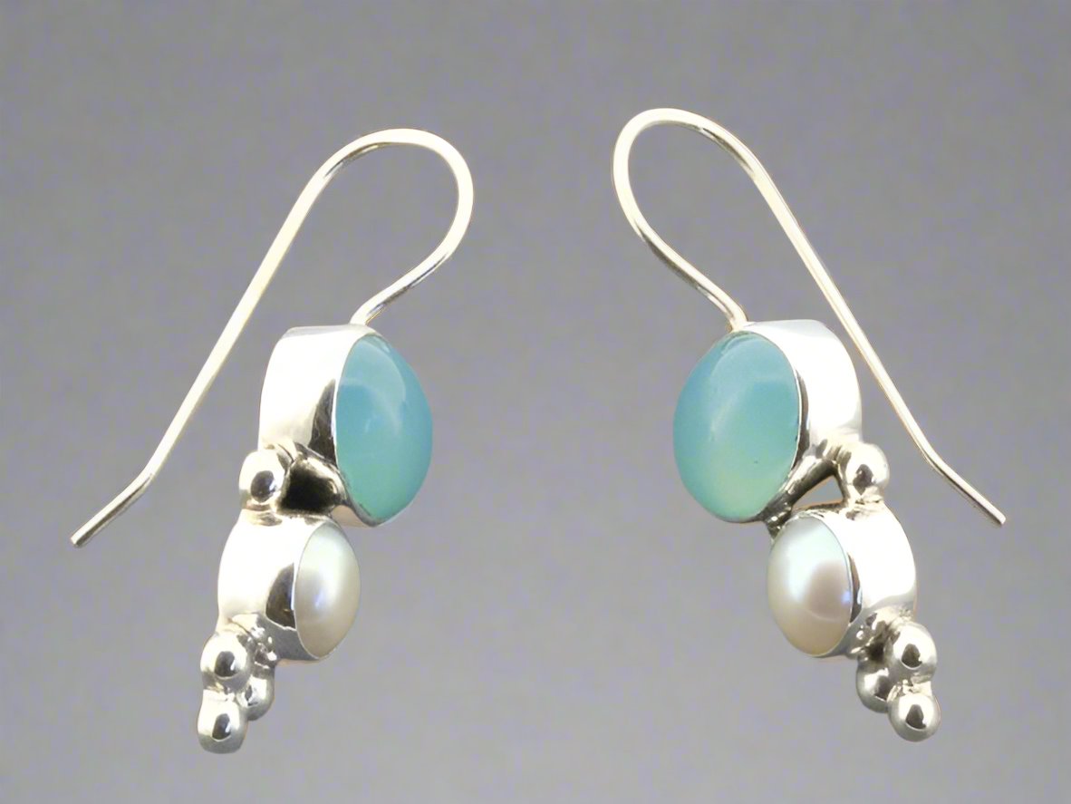 Blue Chalcedony & Pearl Drop Earrings in Sterling Silver - Elegant Dangle Jewelry for Women, Perfect for Weddings, Parties & Special Occasions