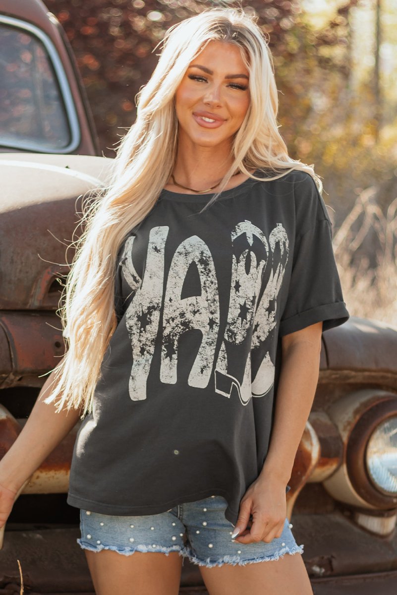 Vintage Y'all Cowboy Boots Graphic T-Shirt - Carbon Grey Western Style Tee for Men & Women - Perfect for Country Concerts, Rodeos & Casual Western Wear