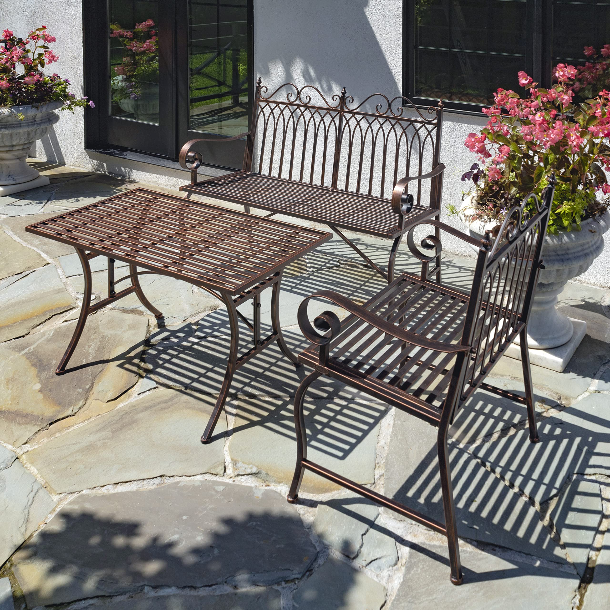Premium Metal Garden and Patio Furniture Set - Valley Forge Collection (3-Piece Outdoor Set: Bench, Arm Chair & Table) for Backyard, Deck or Poolside Relaxation