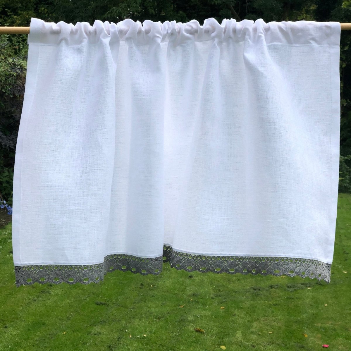 Elegant White Linen Grey Lace Valance Curtain - Premium Window Treatment for Bedroom, Living Room & Dining Room Decor