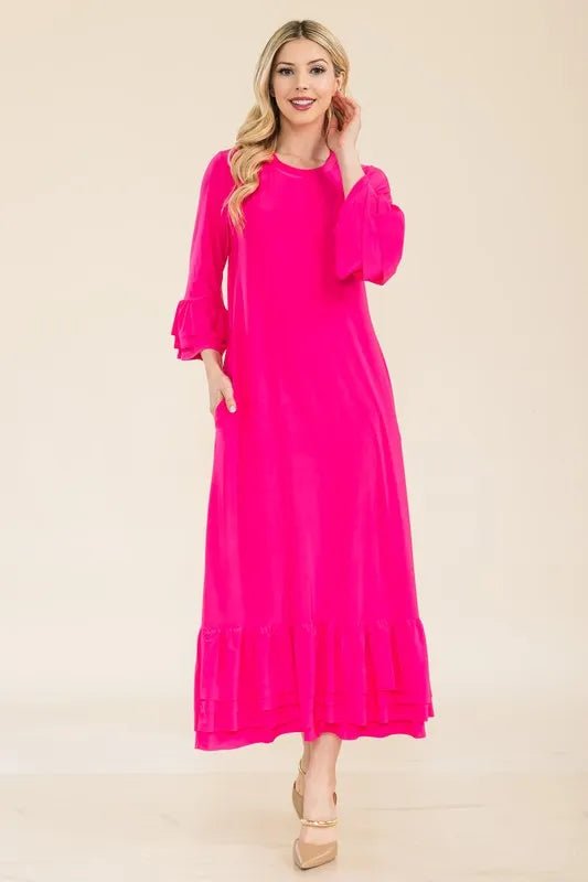 Celeste Plus Size Modest Midi Dress with 3/4 Ruffle Bell Sleeves - Flowy Church Dress for Women, Wedding Guest Outfit & Special Occasion Wear