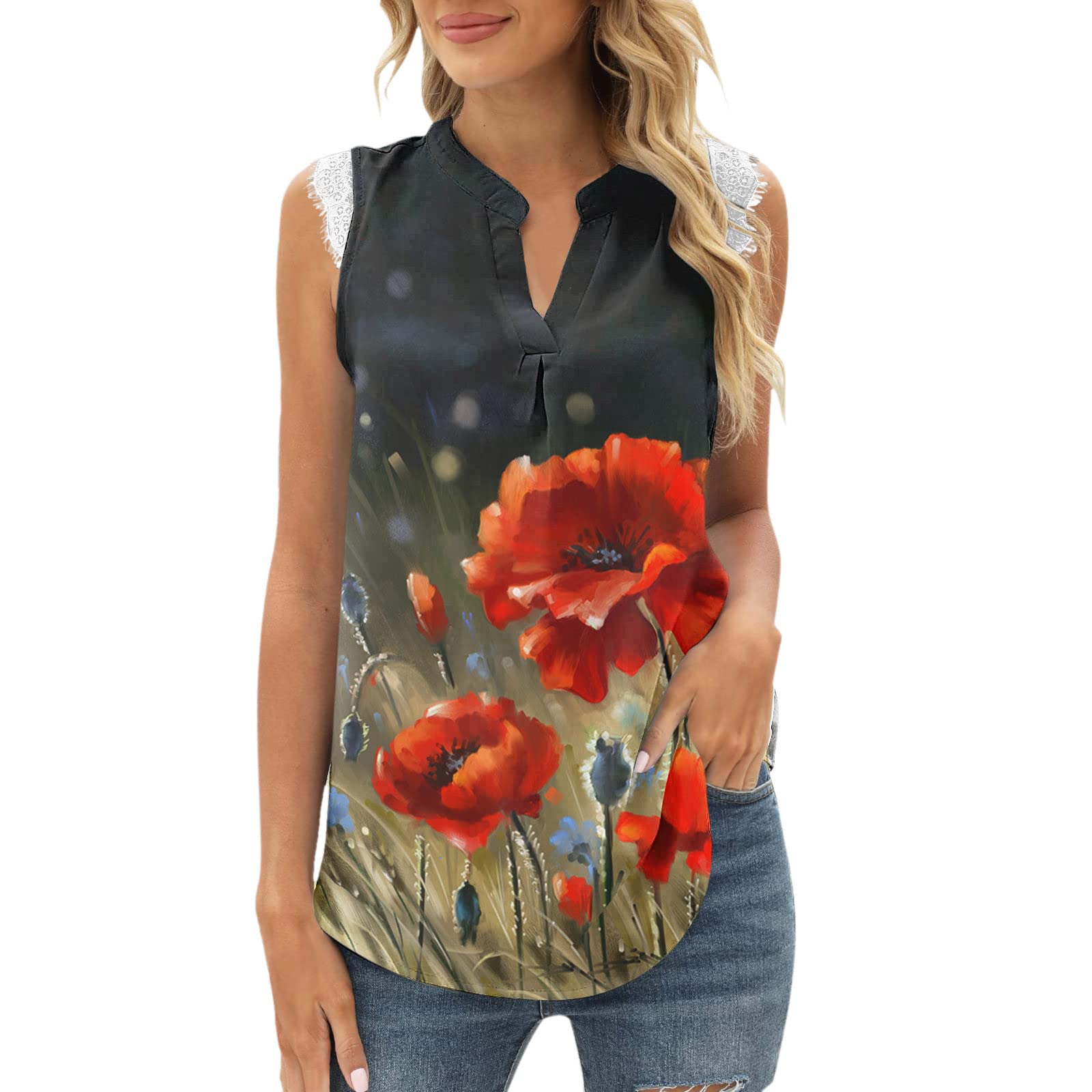 Women's V-Neck Print Tank Tops - Lace Sleeveless Cami Shirts for Summer | Casual Tunic Blouse & Baggy Tops | Perfect for Beach Outfits, Vacation Wear & Everyday Fashion