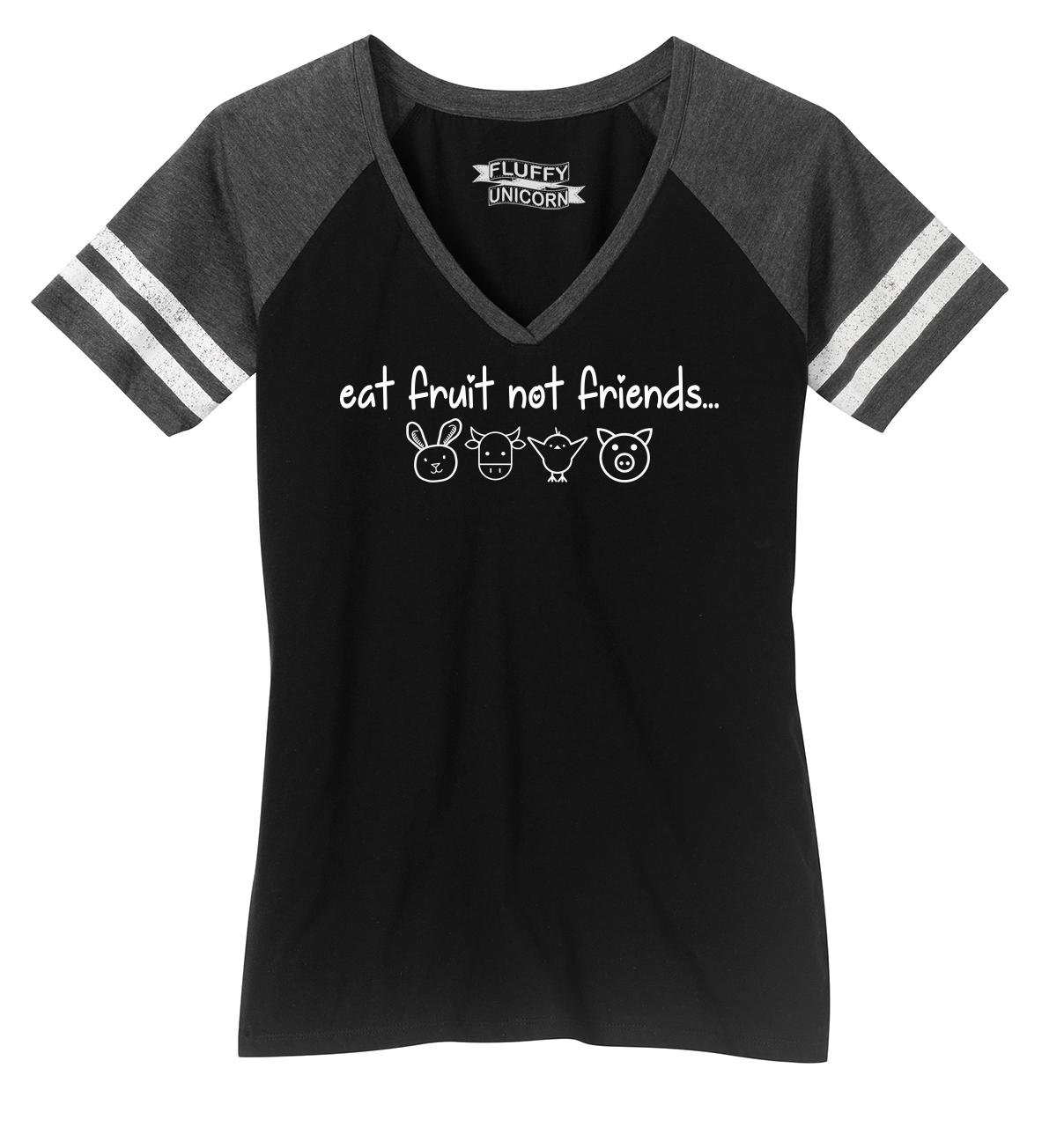 Funny Vegan T-Shirt for Women - 'Eat Fruit Not Friends' Cute Comical V-Neck Tee - Perfect for Casual Wear, Vegan Events & Humor Lovers