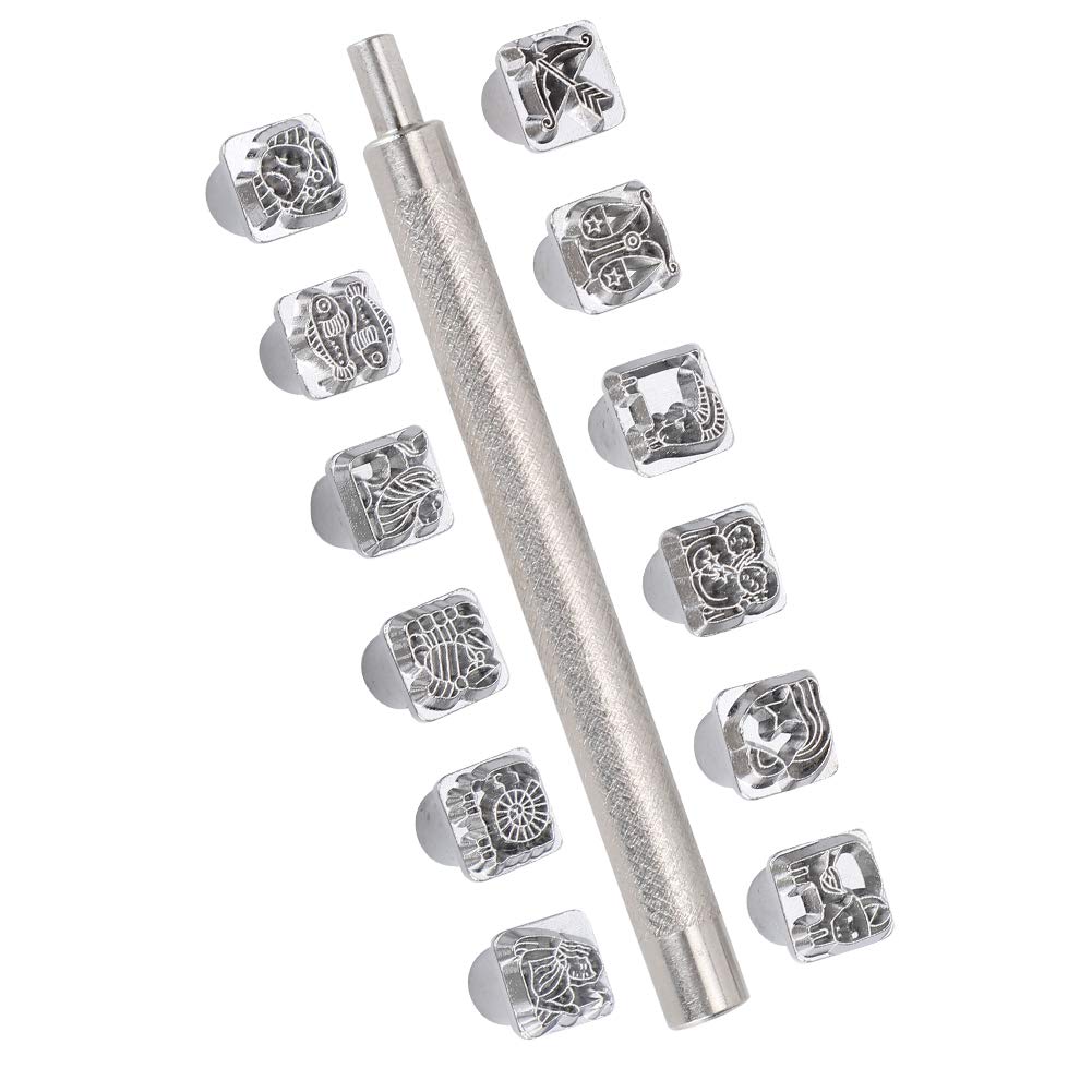 12Pcs Zodiac Constellation Leather Stamping Punch Tool Set with Handle for DIY Leather Crafting, Jewelry Making, and Personalized Gifts - Perfect for Leatherworkers, Crafters, and DIY Enthusiasts