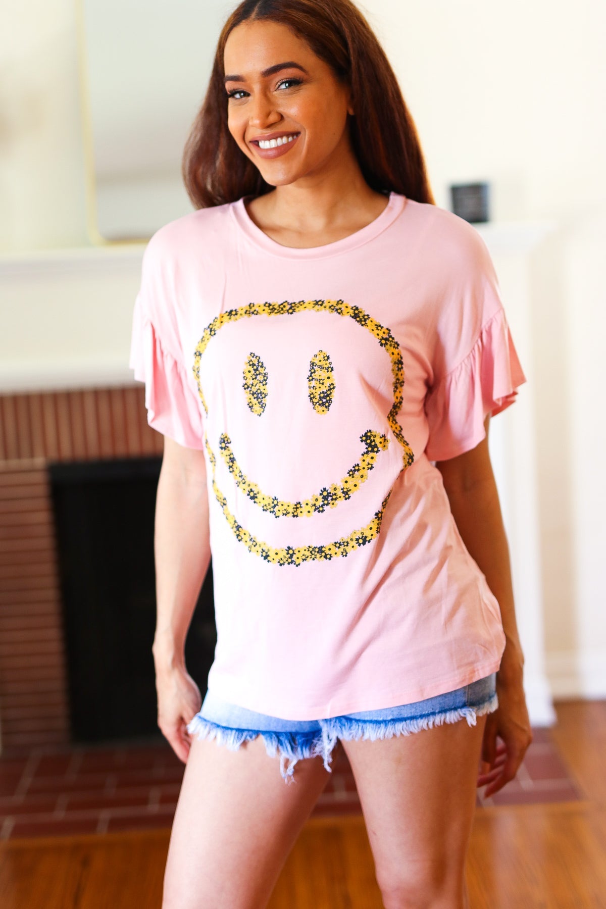 Live For Today Pink Floral Smiley Face Flutter Sleeve Tee - Women's Cute Graphic T-Shirt for Casual Wear, Summer Outfits & Street Style Fashion