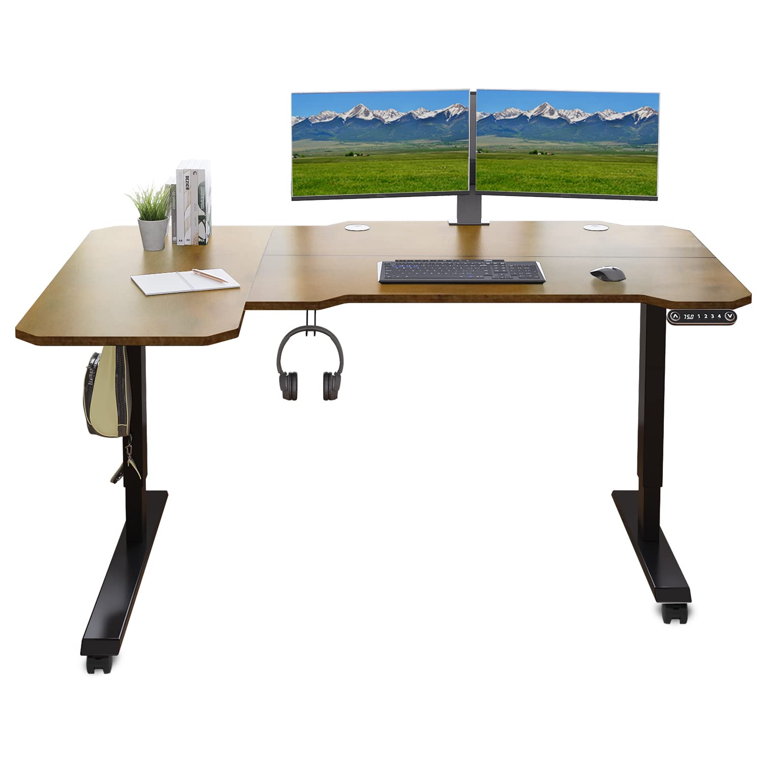 59-Inch L-Shaped Electric Standing Desk - Adjustable Height Computer Workstation with Hand Controller, Black Frame & Rustic Brown Top for Home Office | Perfect for Remote Work, Gaming Setup and Ergonomic Workspace