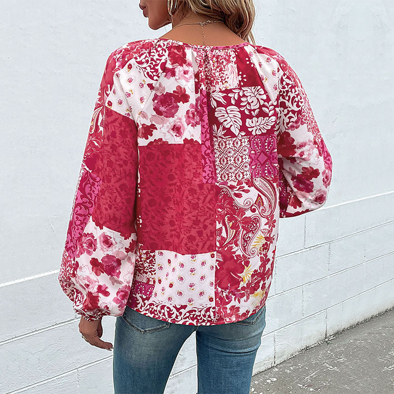 LOVEVOP Women's Fashion Printed Casual Shirt - 2025 Trendy Lace-Up Bubble Sleeve Blouse for Autumn | Perfect for Work, Date Night & Fall Outfits