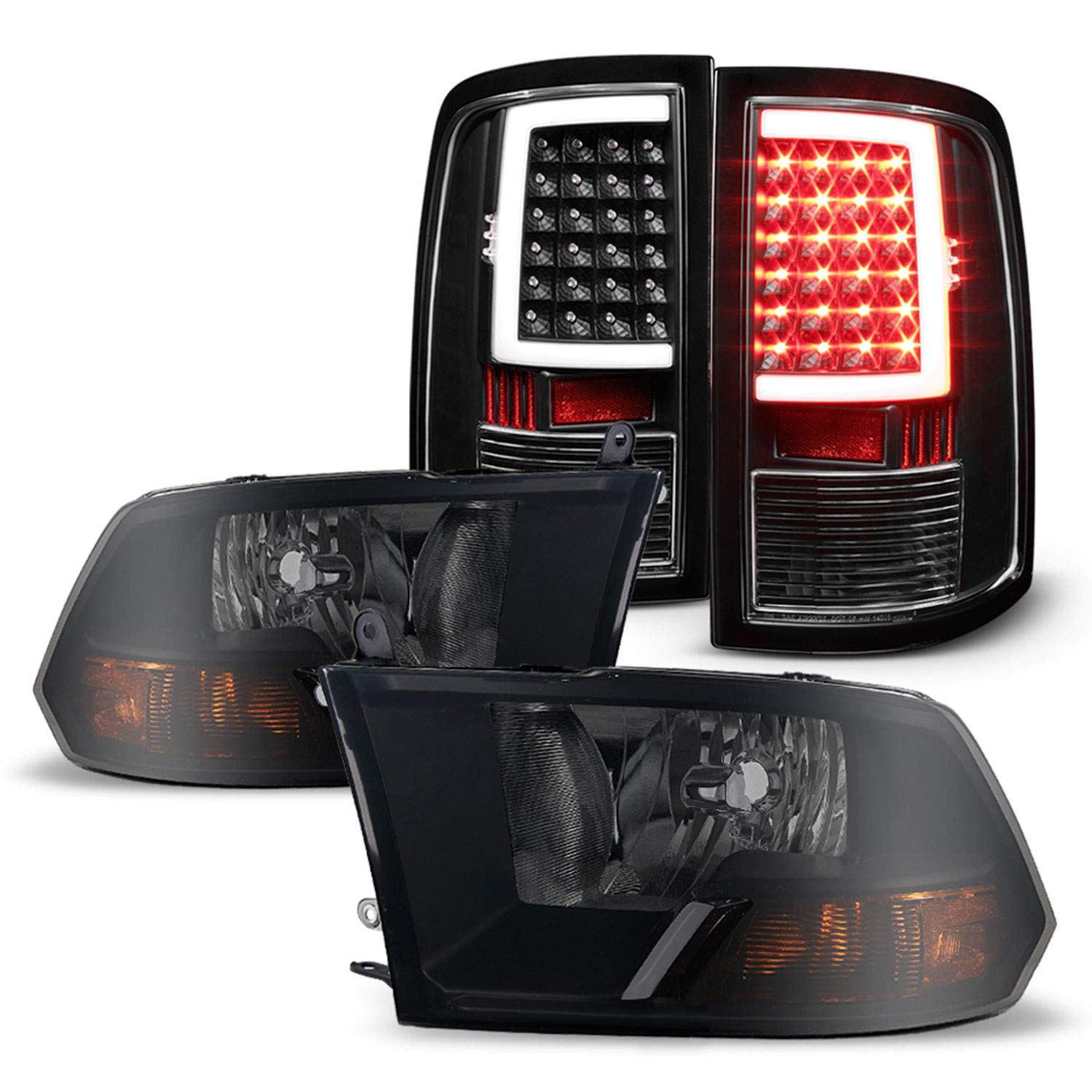 AKKON Black Smoked LED Headlights & C-Light Bar + Tail Brake Lights - Compatible with 2009-2018 Ram 1500 & 2010-2018 Ram 2500/3500 - Upgrade Your Truck's Style & Night Visibility for Off-Roading & Daily Driving