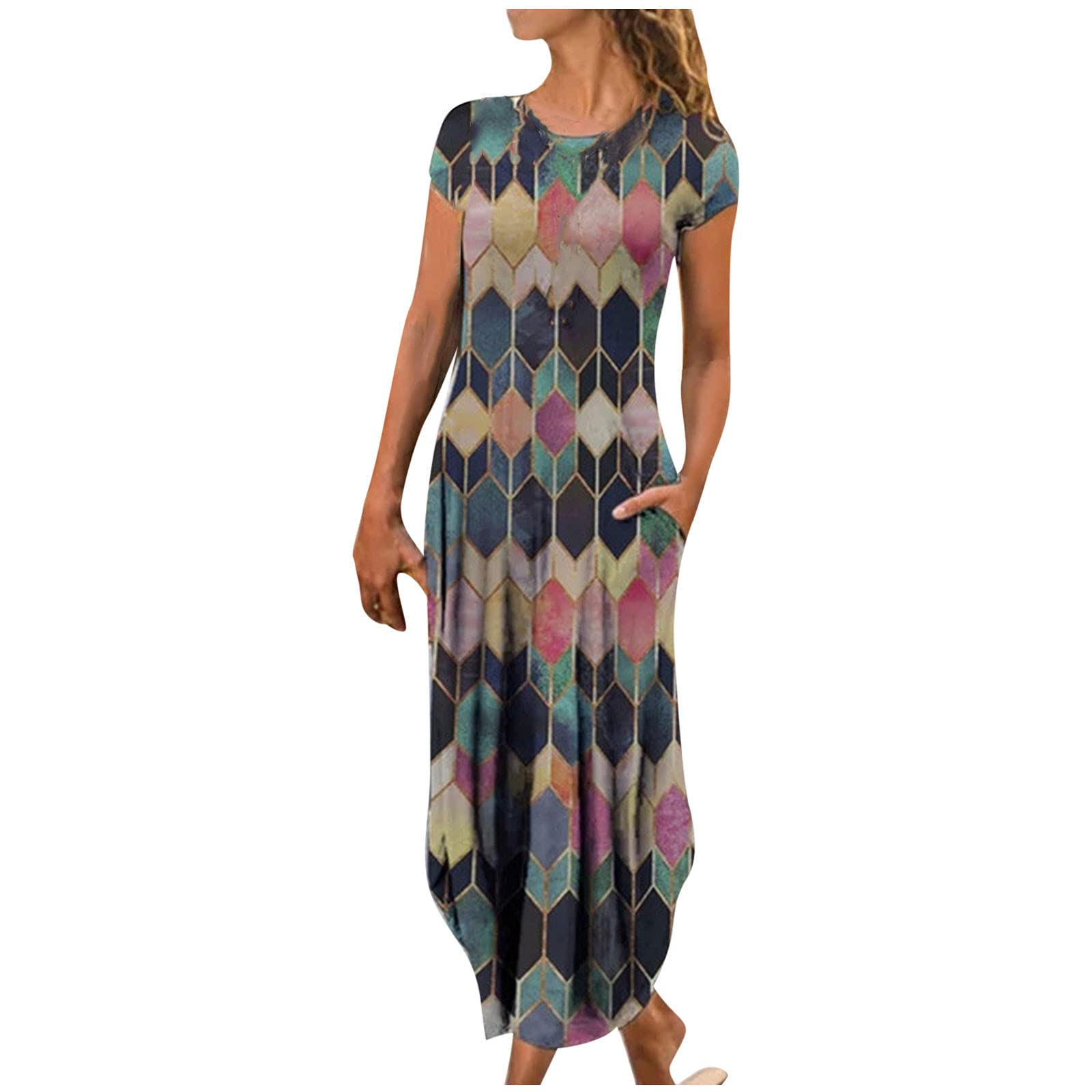 ZASUN Women's Summer Casual Short Sleeve T-Shirt Dress - Flowy Long Sundress with Fashion Print, O-Neck Beach Dress for Plus Size Ladies | Perfect for Vacation, Beach Outings, and Summer Parties