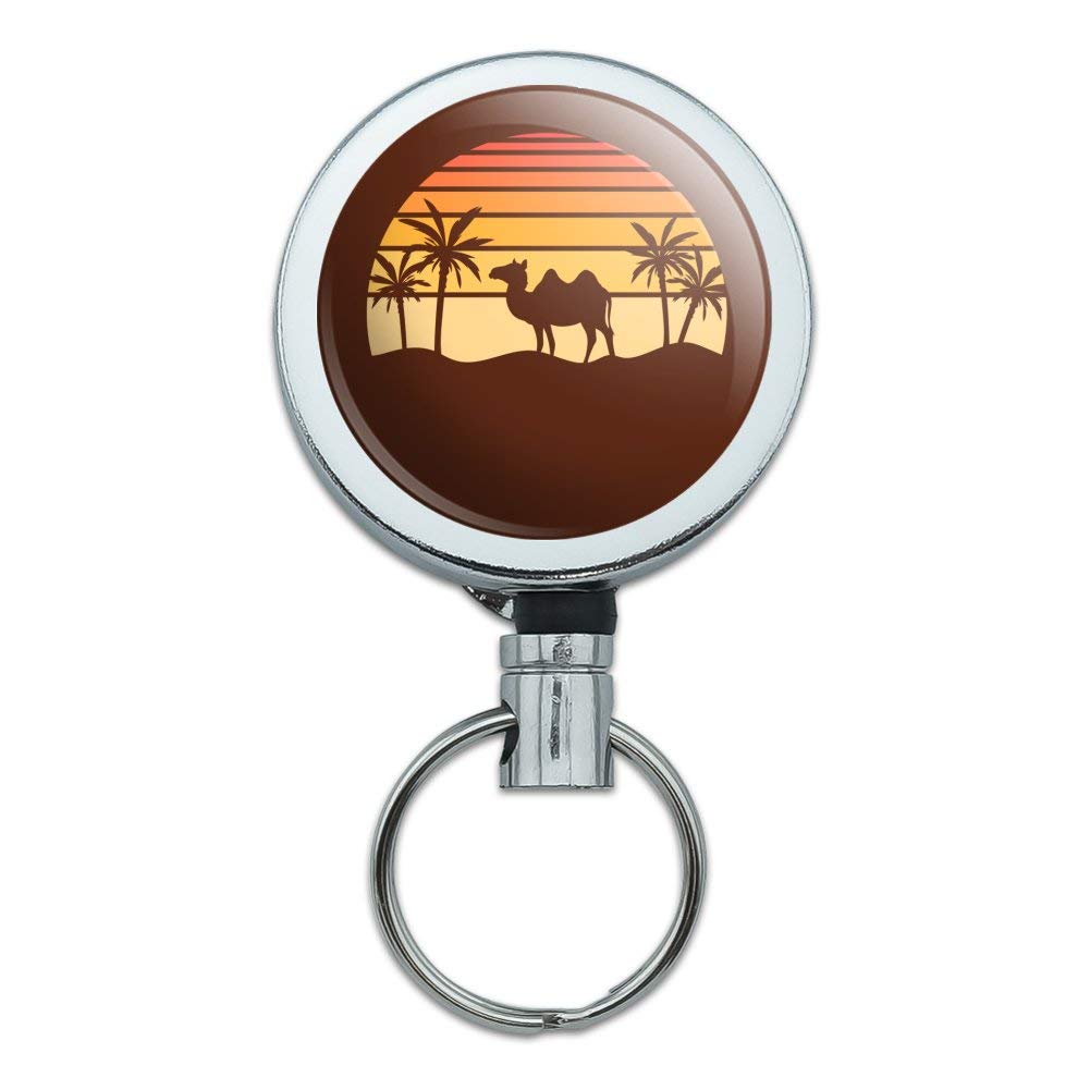 Premium Heavy Duty Metal Retractable ID Badge Holder with Belt Clip - Key Card Reel for Work Security & Office Access (Desert Sunset with Palm Tree Design) - Perfect for Hospitals, Schools, Corporate Offices & Events