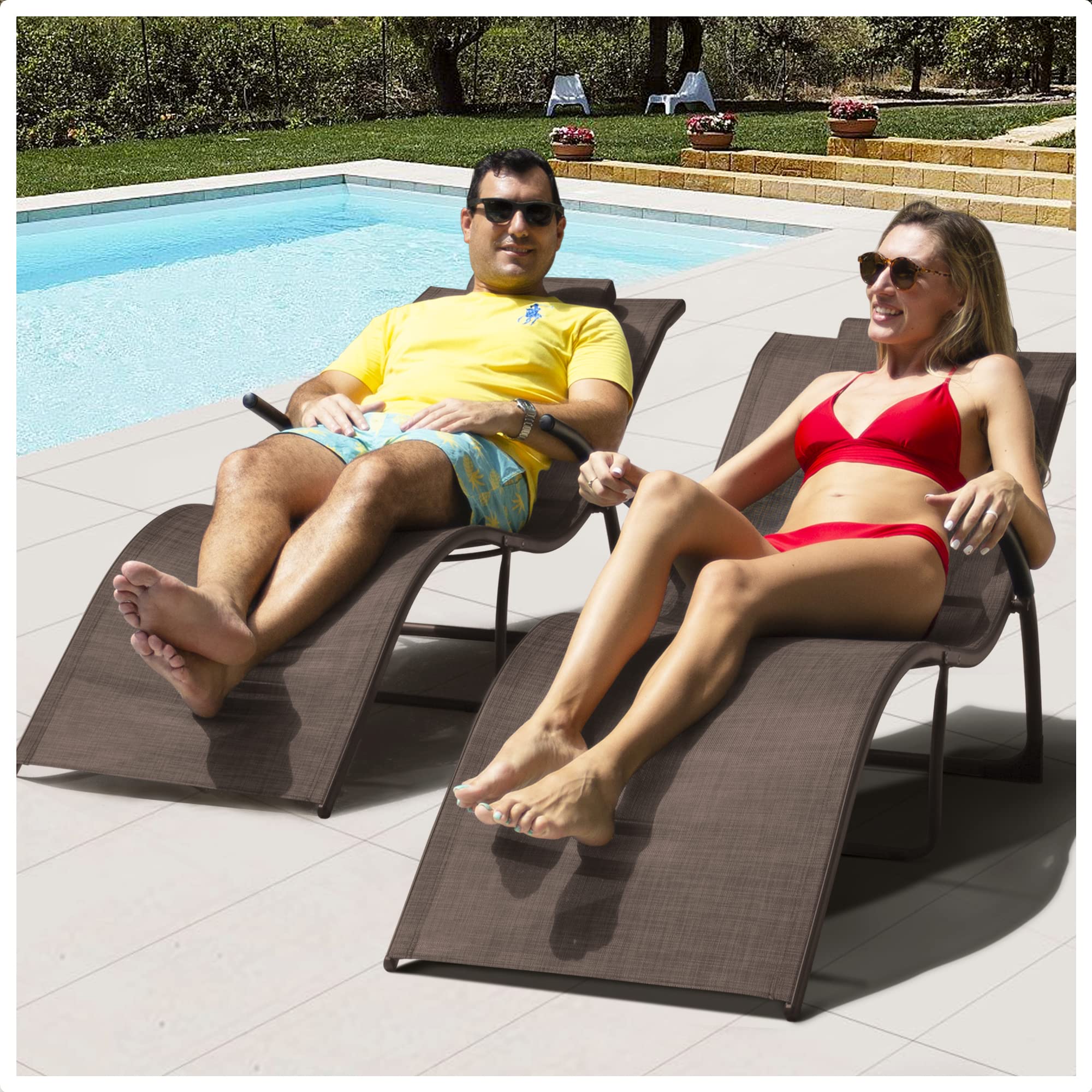 Premium Foldable Outdoor Lounge Chairs Set of 2 - Patio Chaise Lounge with Adjustable Headrest for Backyard, Poolside & Garden - Easy No-Assembly Brown Sunbathing Chairs for Relaxing by the Pool, Beach or Deck