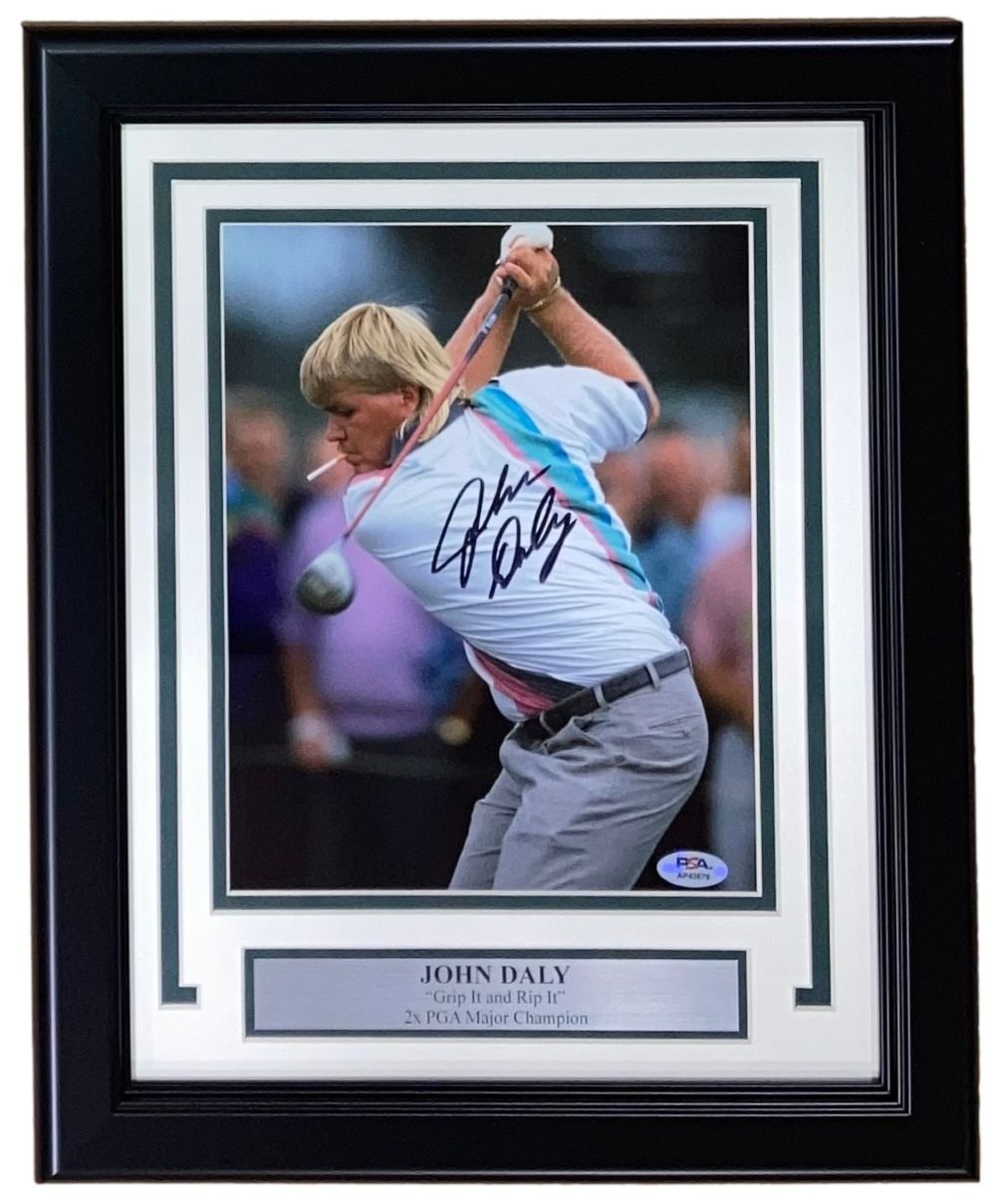 John Daly Autographed Framed 8x10 PGA Golf Photo with Cigarette - PSA/DNA Certified Collectible - Perfect for Golf Memorabilia Displays & Man Cave Decor