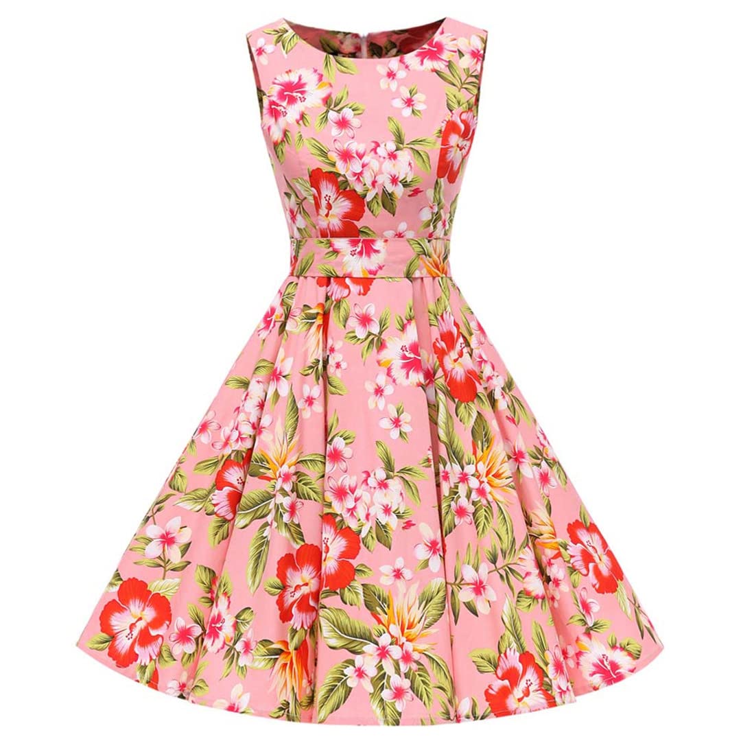 Floral Print Sleeveless Women's Summer Tunic Dress - Vintage Rockabilly Style Cotton Dress for Casual Outings, Beach Vacations & Retro Parties