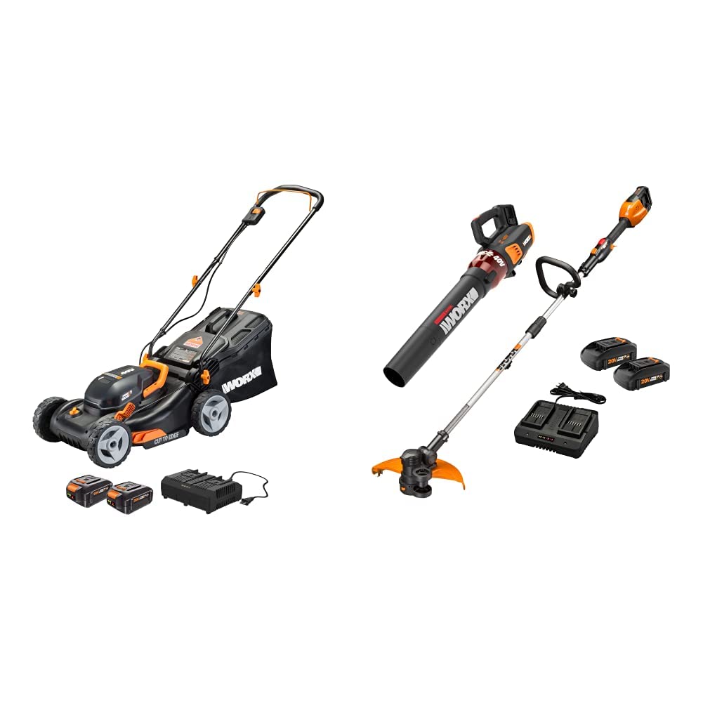 Worx 40V 17-Inch Cordless Lawn Mower with String Trimmer & Leaf Blower Combo Kit (Includes 2 Batteries & Charger) - Perfect for Small to Medium Yards, Lawn Care & Landscaping Maintenance