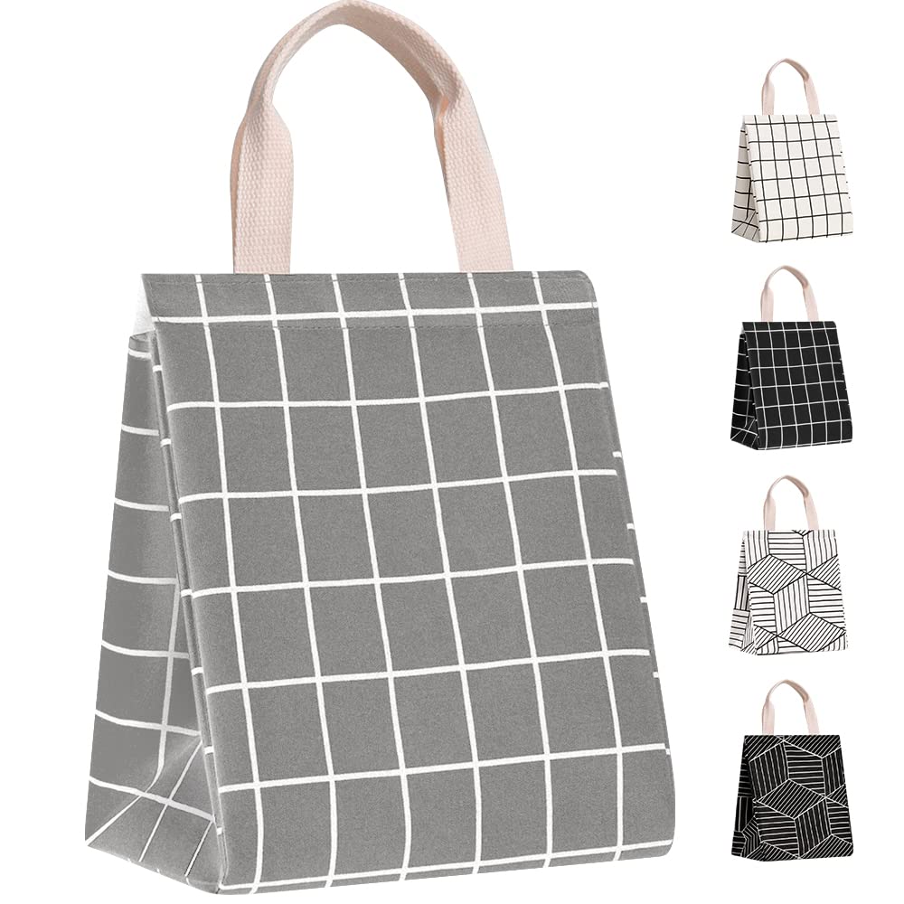 **HOMESPON Reusable Insulated Lunch Bag with Aluminum Foil - Eco-Friendly Canvas Lunch Box for Women & Men - Office, School, Picnic, Travel - Grey Plaid Design**