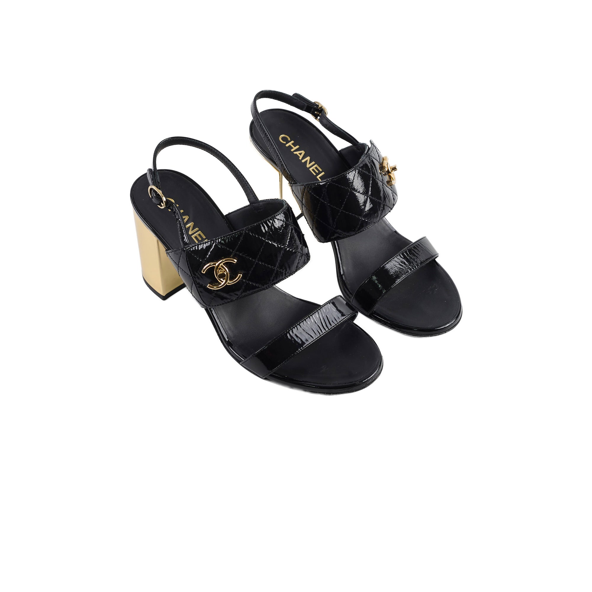 Chanel Patent Leather Quilted Turnlock Sandals for Women - Black/Gold - Size 40.5C (US 10) - Luxury Designer Heels for Parties, Weddings & Evening Events